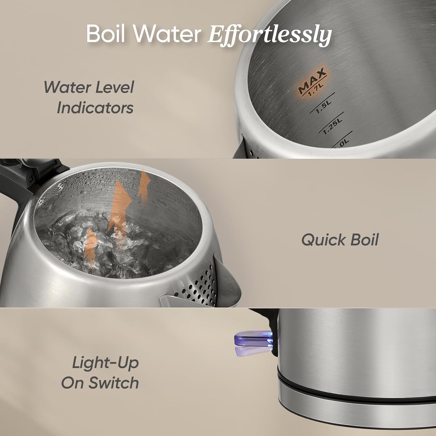 COSORI Electric Kettle, Plastic-Free Interior, 2 Lid Opening Angles, Easy to Clean, Automatic Shut Off & Boil-Dry Protection, Stainless Steel Tea Kettle, Hot Water Boiler & Heater, 1.7L, 1500W - Image 6