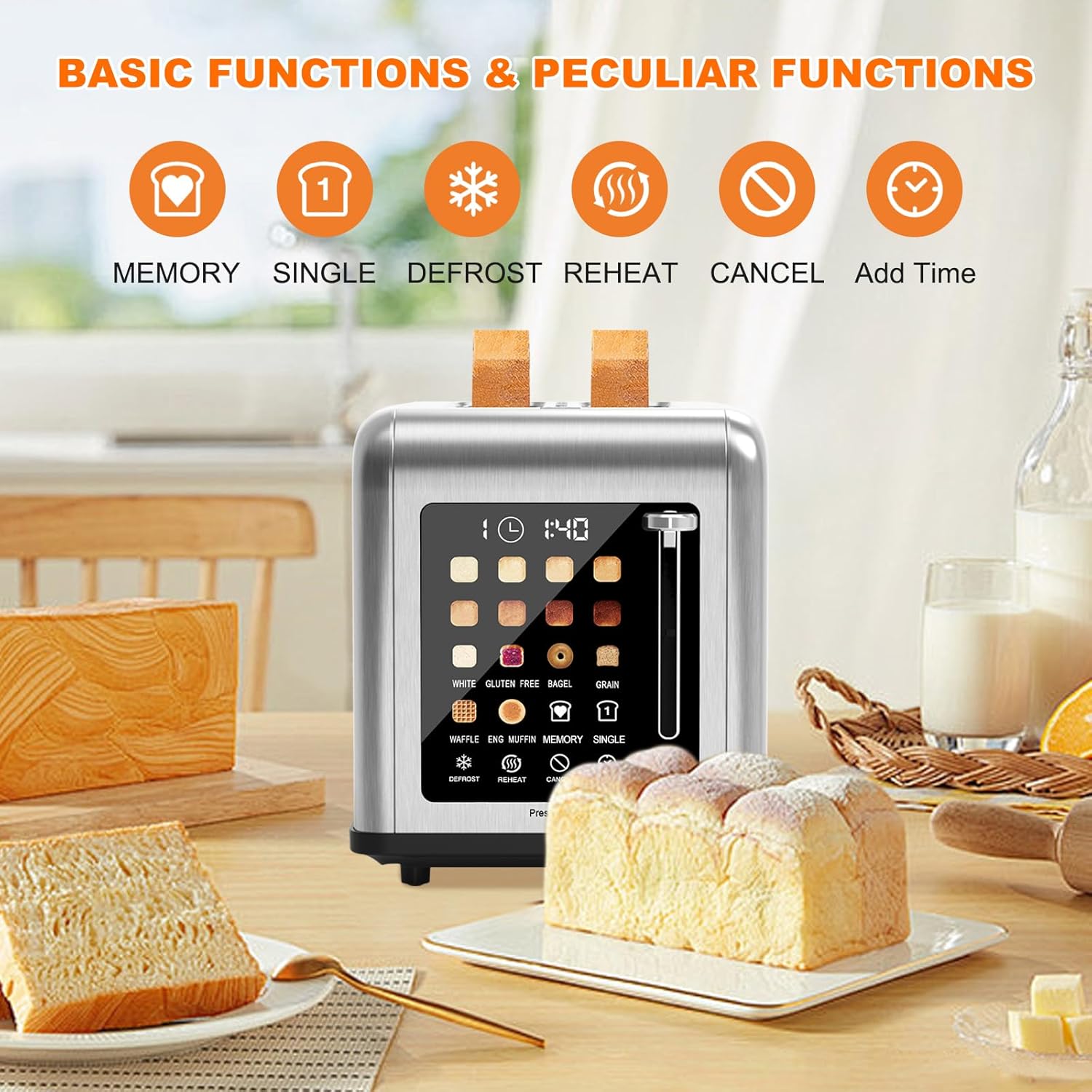 2 Slice Toaster Touch Screen, Stainless Steel Toasters Digital Timer 2 Slot Toasters, 8 Shade Settings 6 Bread Types for Bagel, Cancel, Defrost(Stainless Steel) - Image 7