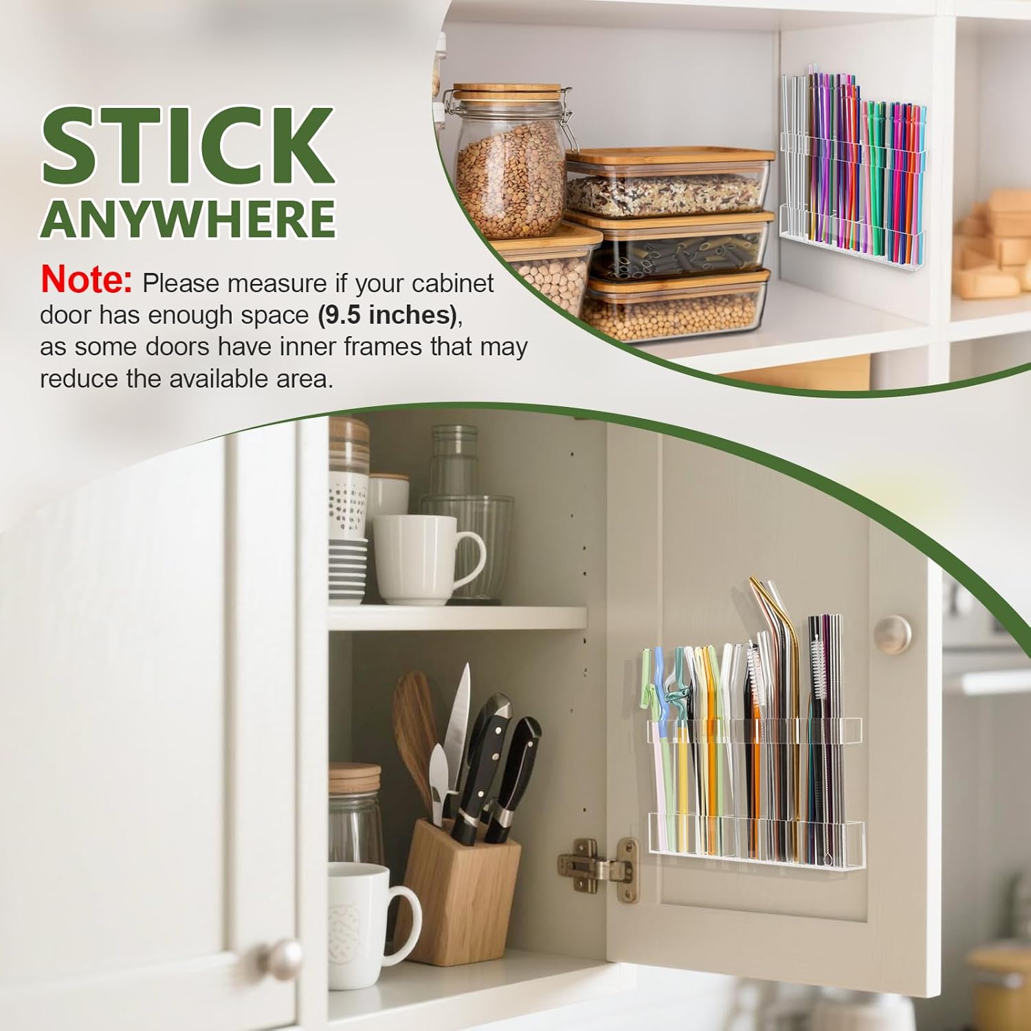 9.5” Large Acrylic Straw Holder for Cabinet Door - Reusable Tumbler Straw Organizer Storage, Small Kitchen Accessories Container, Ultra Sticky Cupboard Door Mounted (Transparent) - Image 5