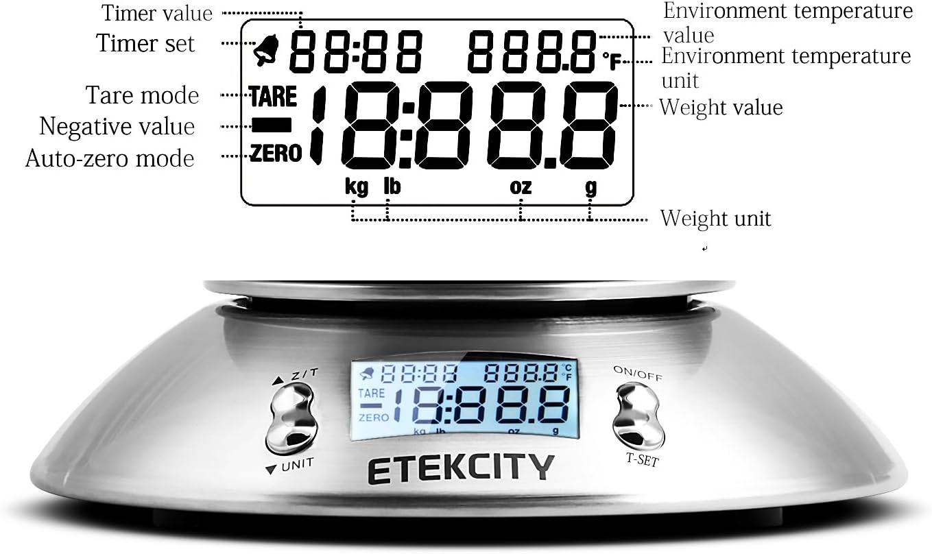 Etekcity Food Kitchen Scale with Bowl, Digital Weight Scale for Food Ounces and Grams, Cooking and Baking, Timer, and Temperature Sensor, 2.06 QT, Stainless Steel - Image 3