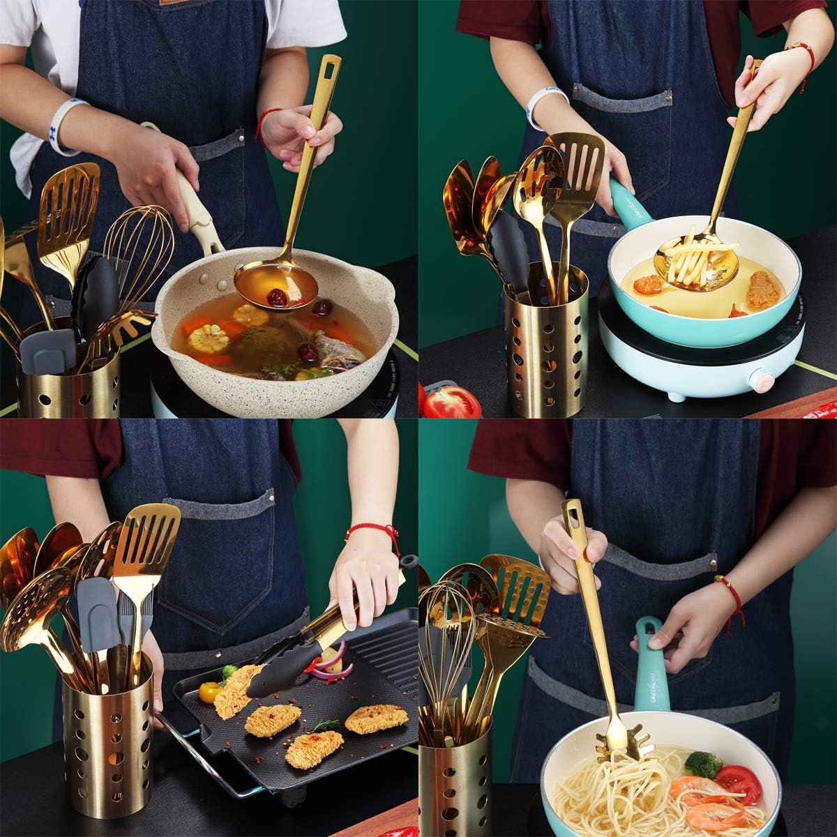 Gold Cooking Utensils Set, Berglander Stainless Steel 13 Pieces Kitchen Utensils Set With Titanium Gold Plating, Kitchen Tools Set With Utensil Holder, Dishwasher Safe, Easy to Clean - Image 2