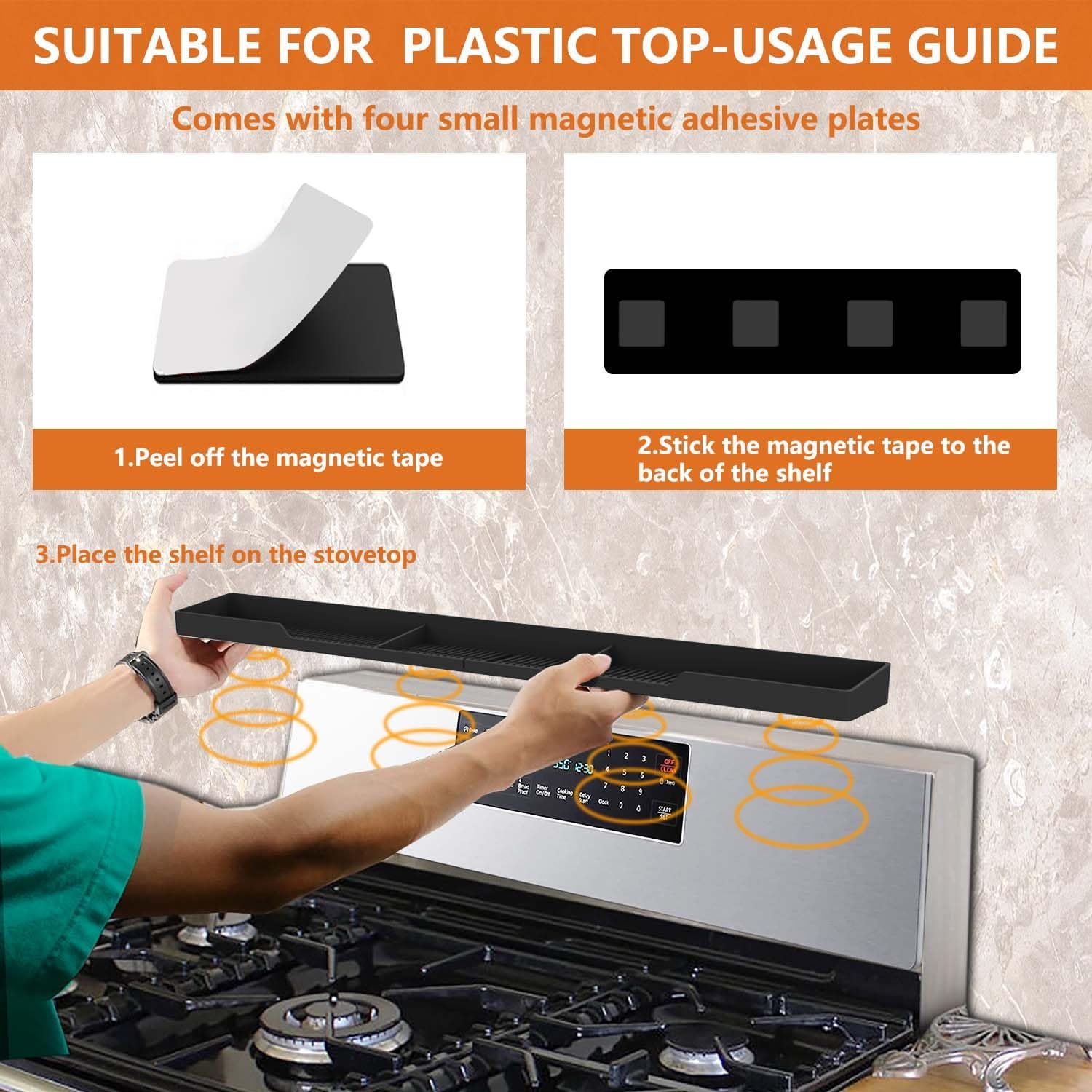 AWOKE Stove Top Shelf 30 Inch - Silicone Material Magnetic Shelf for Stove - 3 Functional Partitions Kitchen Spice Rack Organizer-Black,Kitchen Gadgets Storage Organization - Image 6