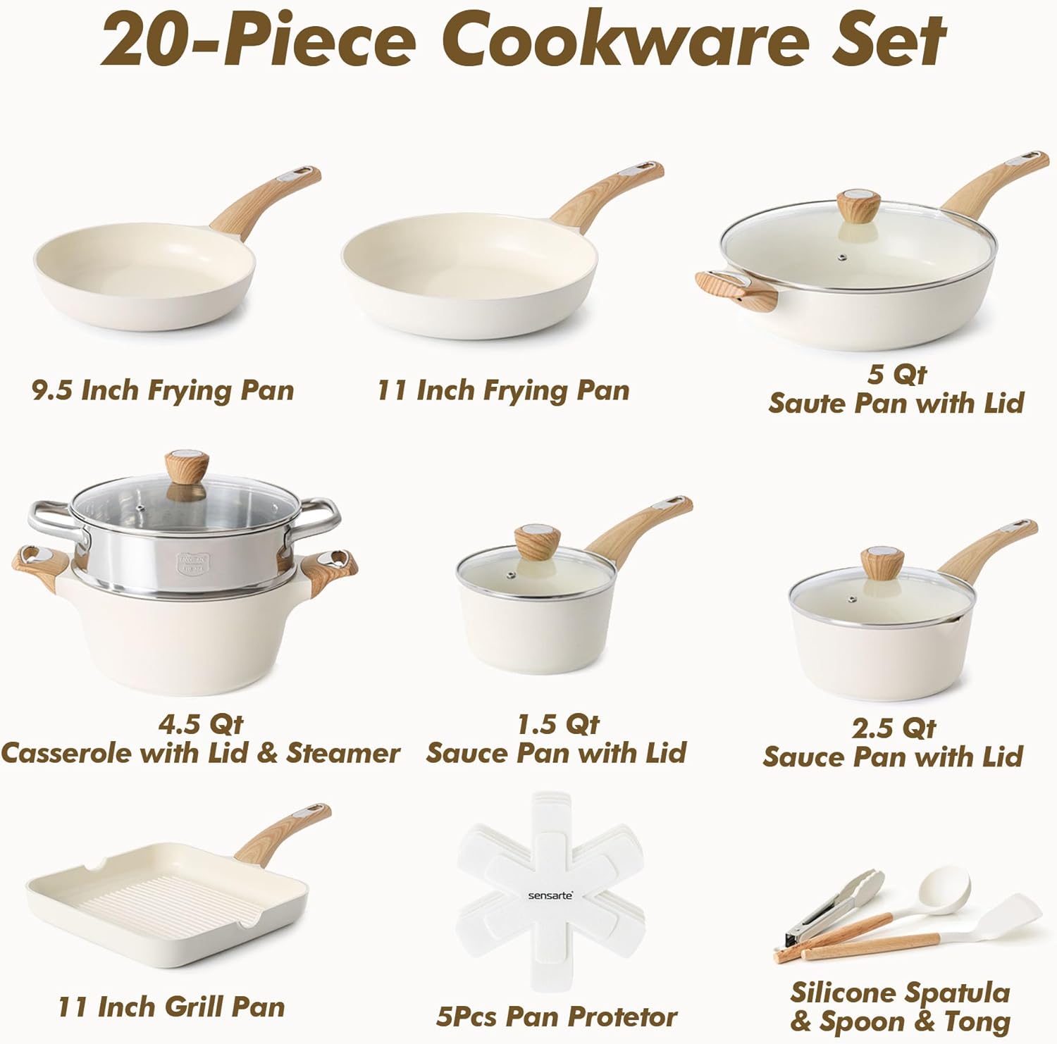 SENSARTE Ceramic Cookware Sets, Pots and Pans Set Nonstick, 20-Piece Induction Cookware, Non-toxic Healthy Non Stick Kitchen Cooking Set with Stay-Cool Handles, PFAS PTFE PFOA PFOS Free - Image 3