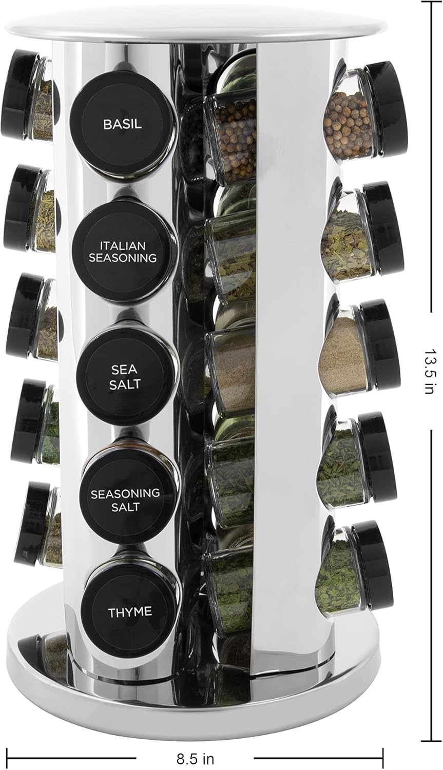 Kamenstein 20 Jar Revolving Countertop Spice Rack with Spices Included, FREE Spice Refills for 5 Years, Polished Stainless Steel with Black Caps, 30020 - Image 2