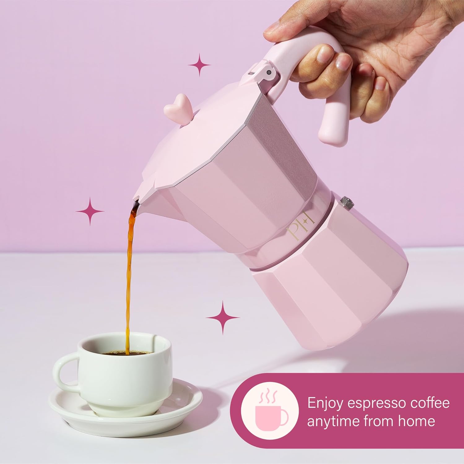 Paris Hilton Stovetop Espresso and Coffee Maker, Italian & Cuban Style Coffee Pot with Iconic Heart Knob, Perfect for Rich Aromatic Espresso, Makes up to 6 Espresso Cups, Pink - Image 2