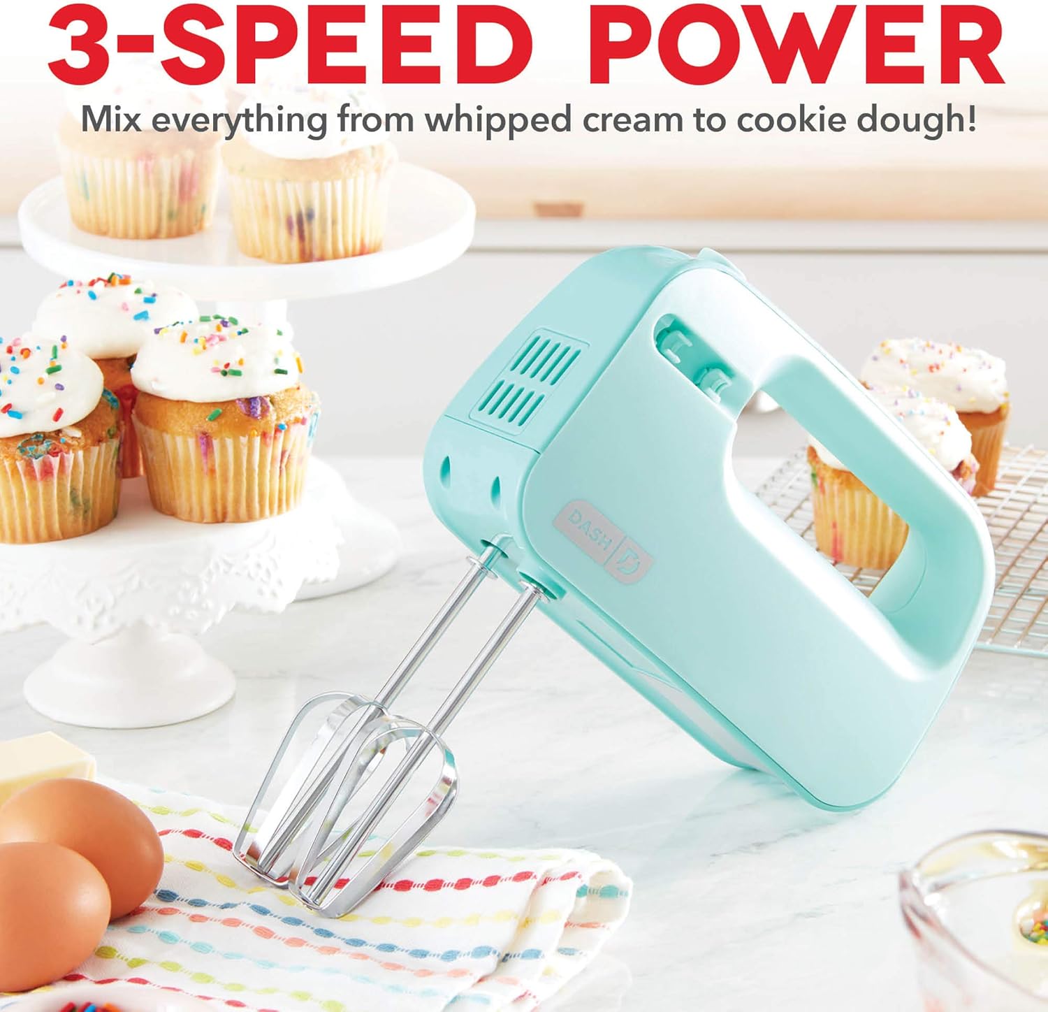 Dash SmartStore™ Deluxe Compact Electric Hand Mixer + Whisk and Milkshake Attachment for Whipping, Mixing Cookies, Brownies, Cakes, Dough, Batters, Meringues & More, 3 Speed, 150-Watt – Aqua - Image 2