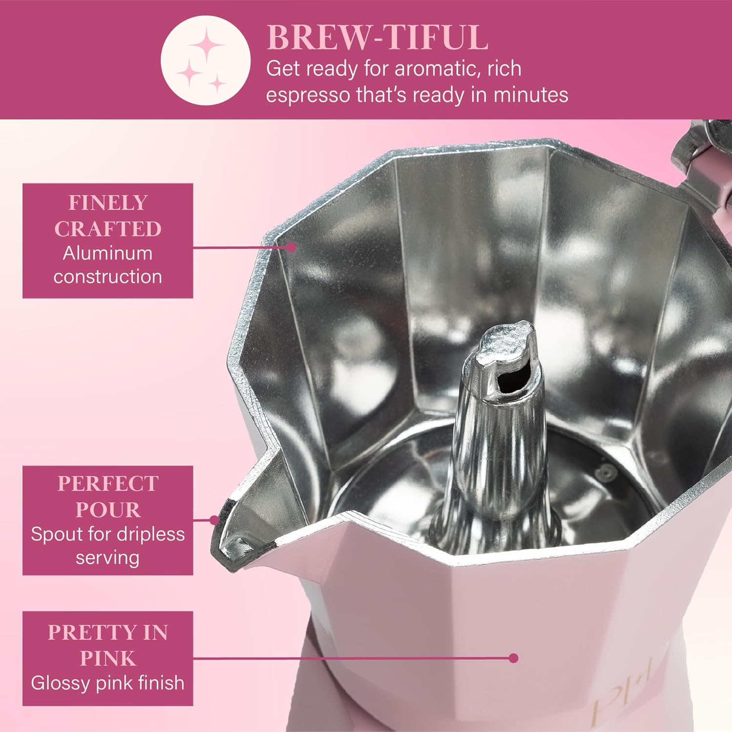 Paris Hilton Stovetop Espresso and Coffee Maker, Italian & Cuban Style Coffee Pot with Iconic Heart Knob, Perfect for Rich Aromatic Espresso, Makes up to 6 Espresso Cups, Pink - Image 3