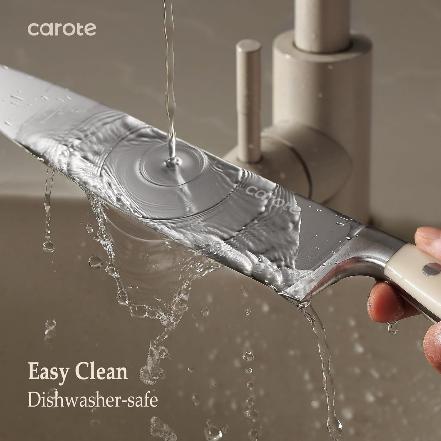 CAROTE 14 Pieces Knife Set with Block, Forged, High Carbon Stainless Steel Sharp Blade Block Knife Set, Dishwasher Safe Cutlery, Cream - Image 5