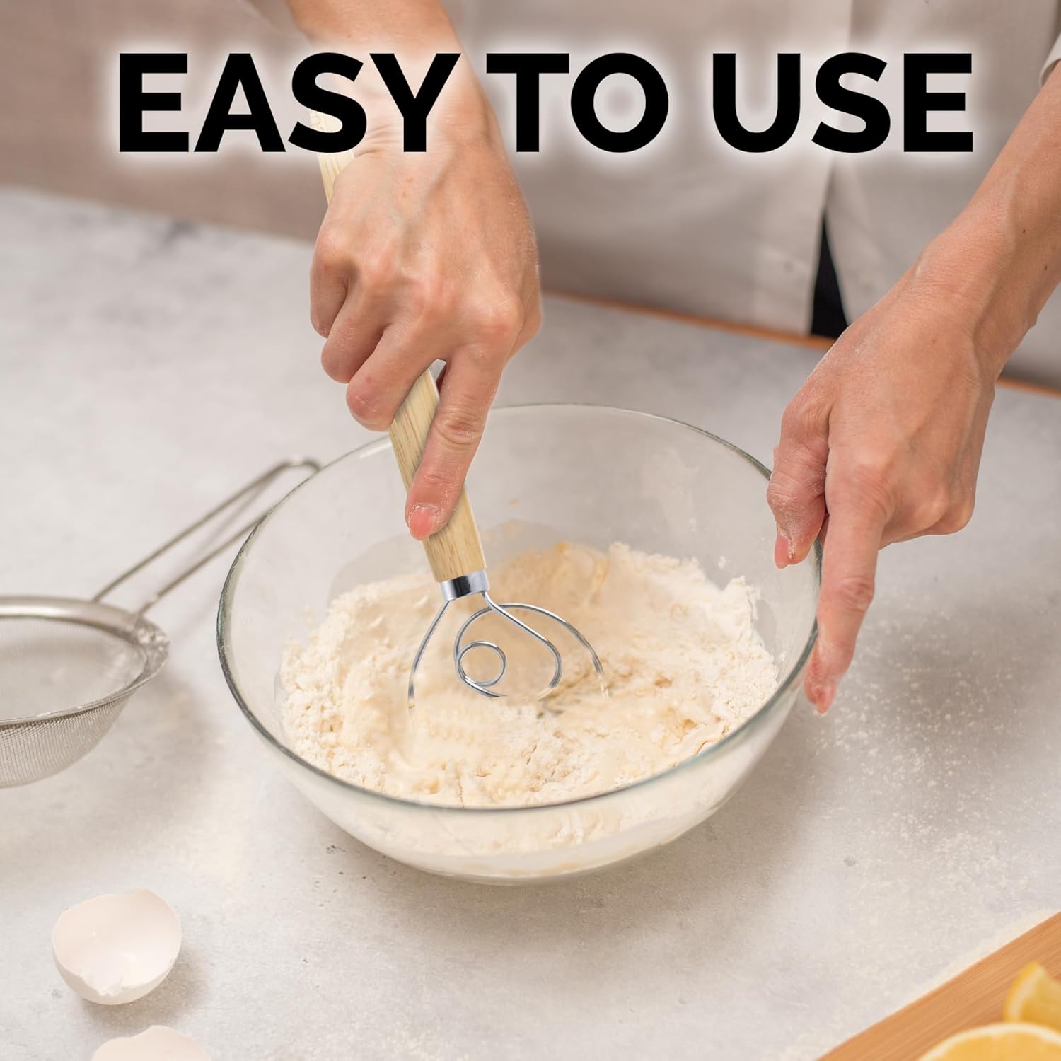 Zulay Kitchen 13-Inch Danish Dough Whisk - Wooden Danish Whisk for Dough with Stainless Steel Dough Hook - Traditional Dutch Whisk - Bread Whisk for Sourdough, Pizza, Pastry, Cake Batter - Image 3