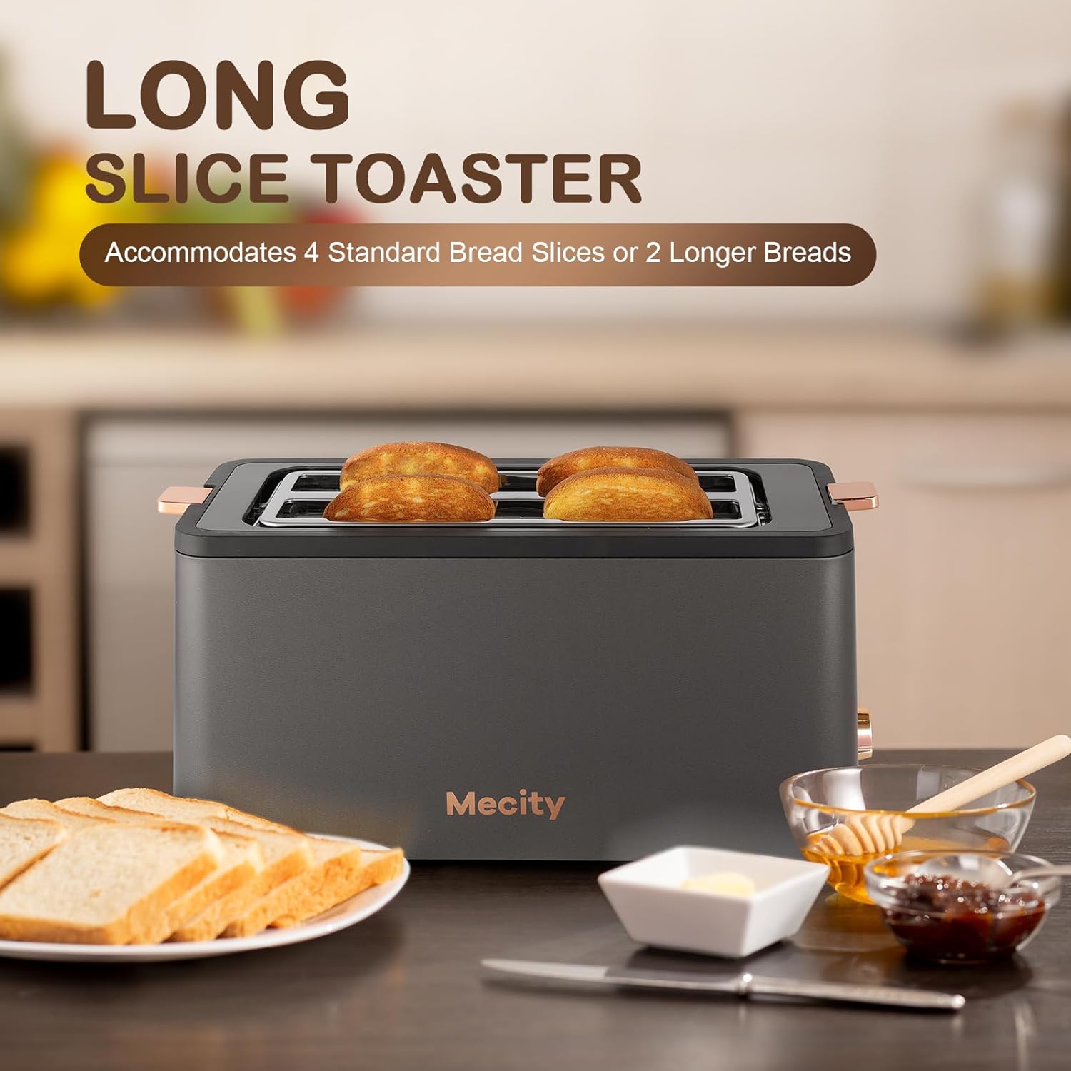 Mecity 4 Slice Toaster, Long Slot Toaster With Warming Rack, Timer, Bagel, Defrost, Reheat Functions, Crumb Tray, 6 Browning Settings, Extra Wide Long Slots, Stainless Steel, 1300W, Grey - Image 2