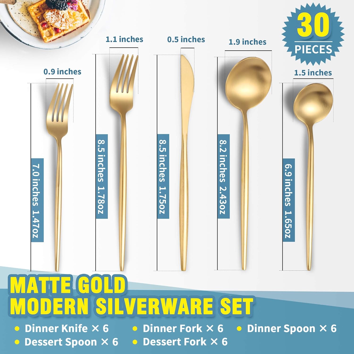 Lemeya Matte Gold Silverware Set for 6,Modern Stainless Steel Brushed Cutlery Set,30-Pieces Heavy Duty Flatware Set,Knives Spoons and Forks Set Utensils Set,Satin Finish,Dishwasher Safe - Image 2