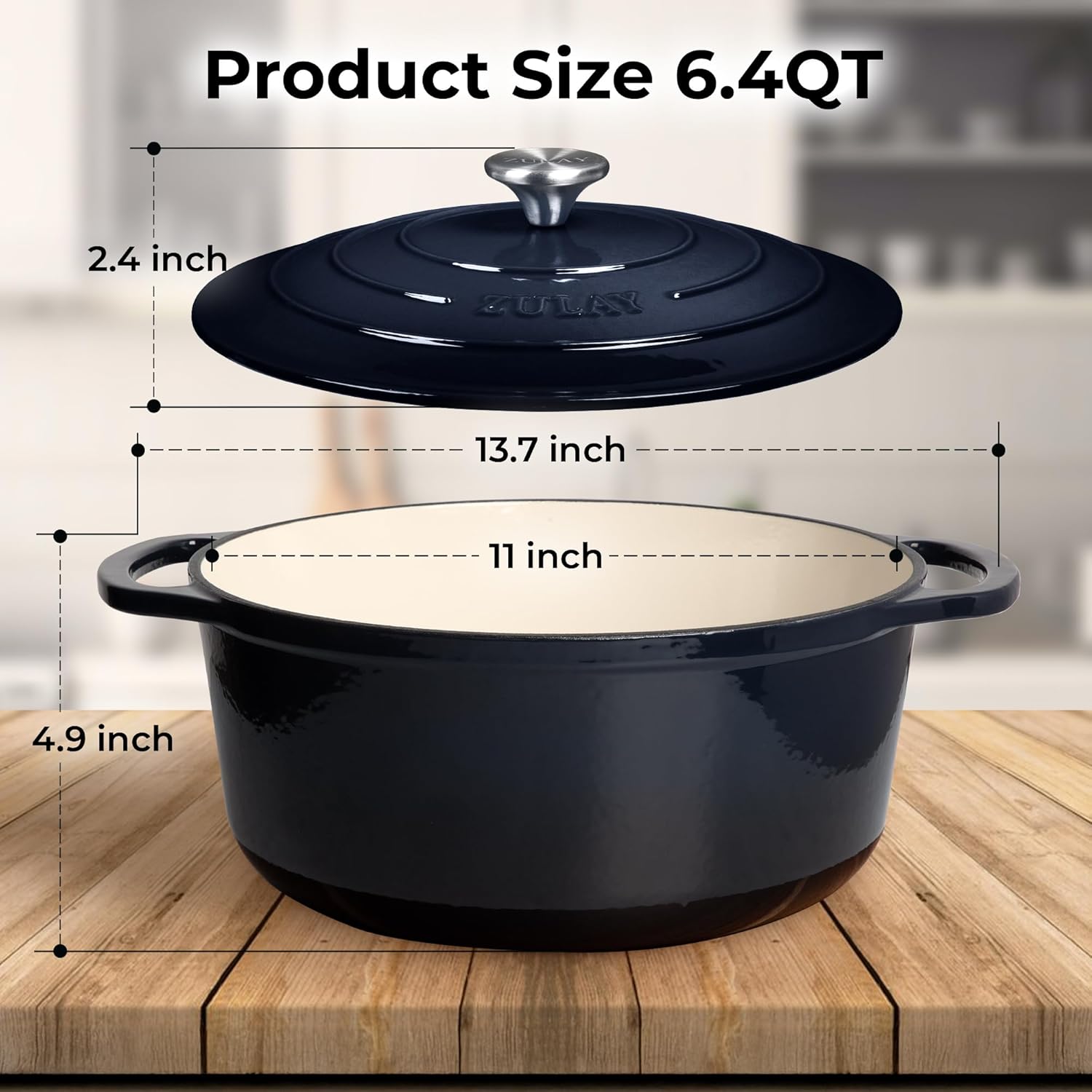 Zulay Kitchen 6 Quart Enameled Cast Iron Dutch Oven Pot with Lid – Premium Durability & Oven Safe up to 500°F – Heavy Duty Cookware Perfect for Bread Baking, Stews, Braising & Roasting - Lapis Lazuli - Image 8