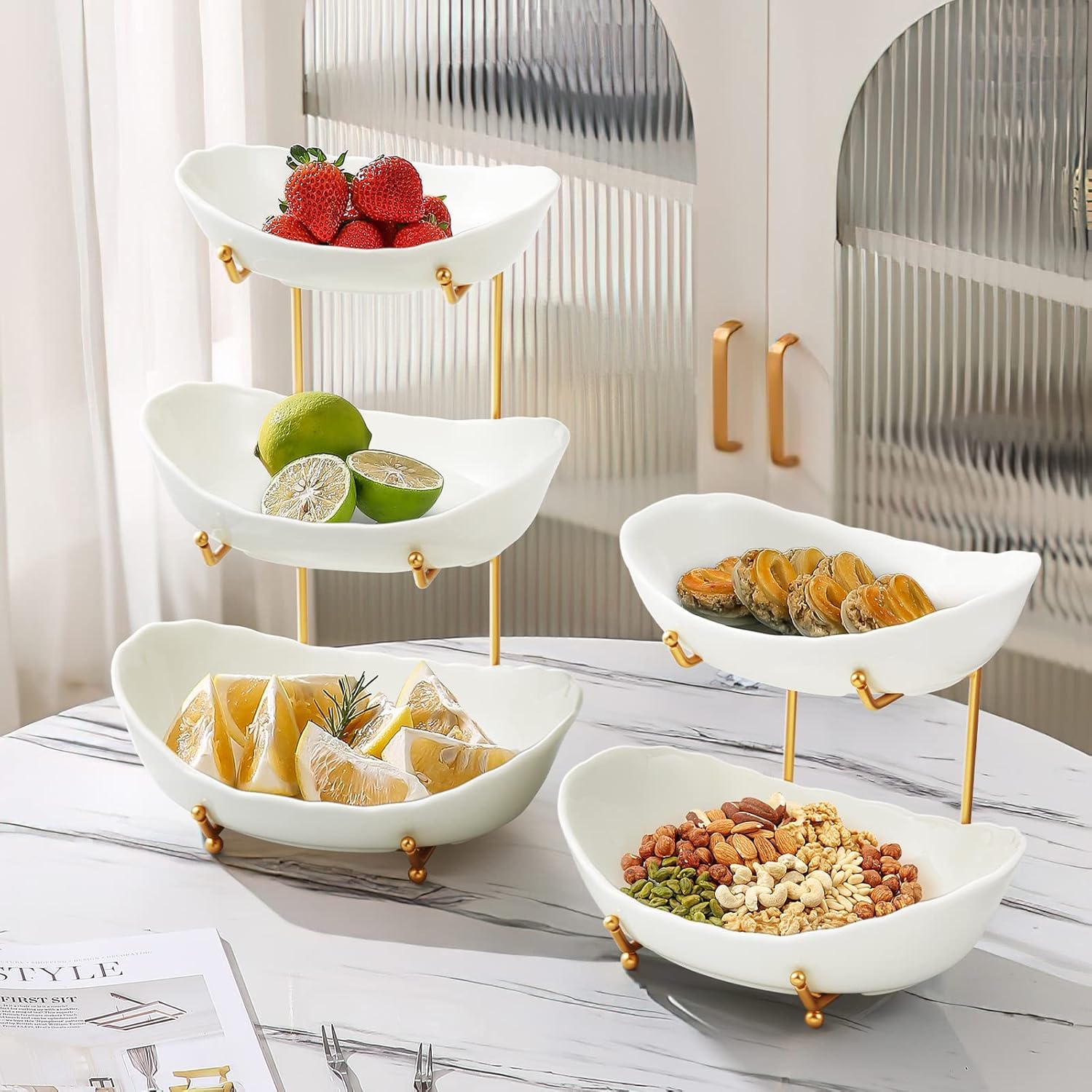 Ceramic Fruit Bowl for Kitchen Counter - 3 Tier Fruit Basket with Metal Stand, Tiered Fruit Stand for Countertop, Snack, Nuts, Cake, Dessert, Cute (Gold, Small) - Image 7