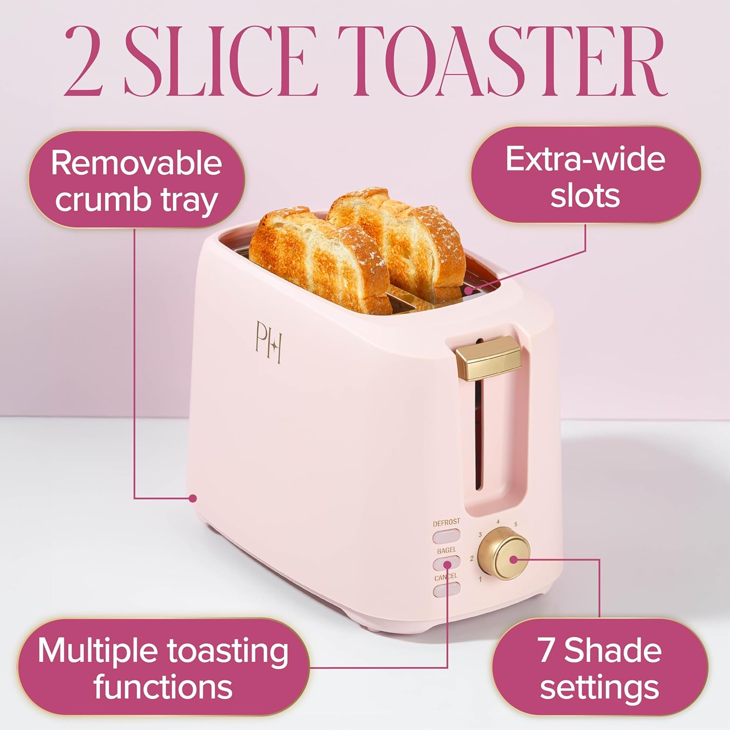 Paris Hilton 2-Slice Toaster, Extra-Wide Slots, 7 Browning Settings, Bagel & Defrost Functions, Removable Crumb Tray, Pink - Image 6