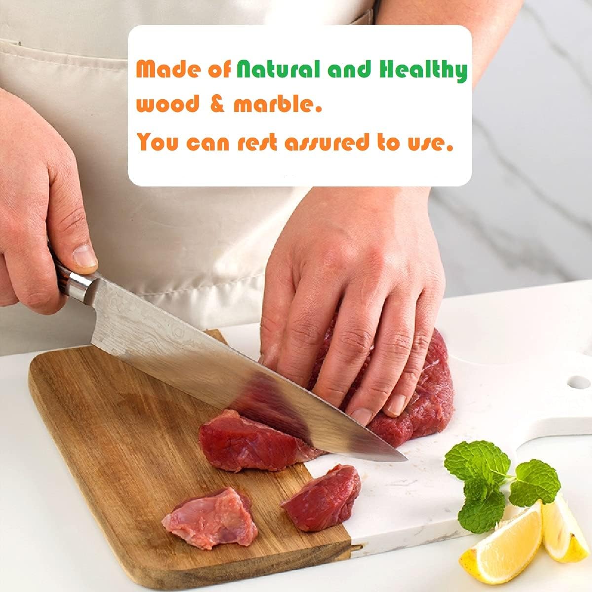Cutting Board with Marble and Natural Wood,Serving Board for Steak Fruits with Handle,Chopping Board for Bread as Serving Trays (White) - Image 5