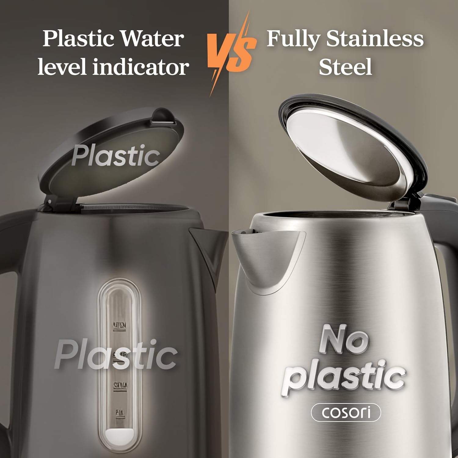 COSORI Electric Kettle, Plastic-Free Interior, 2 Lid Opening Angles, Easy to Clean, Automatic Shut Off & Boil-Dry Protection, Stainless Steel Tea Kettle, Hot Water Boiler & Heater, 1.7L, 1500W - Image 3