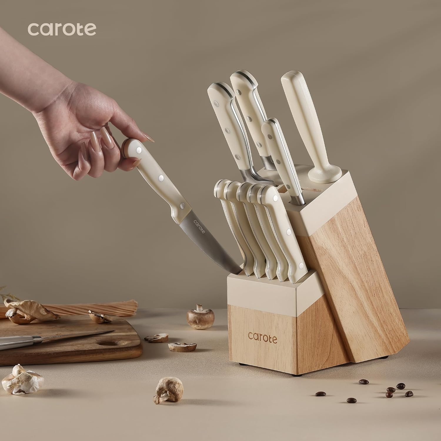 CAROTE 14 Pieces Knife Set with Block, Forged, High Carbon Stainless Steel Sharp Blade Block Knife Set, Dishwasher Safe Cutlery, Cream - Image 6