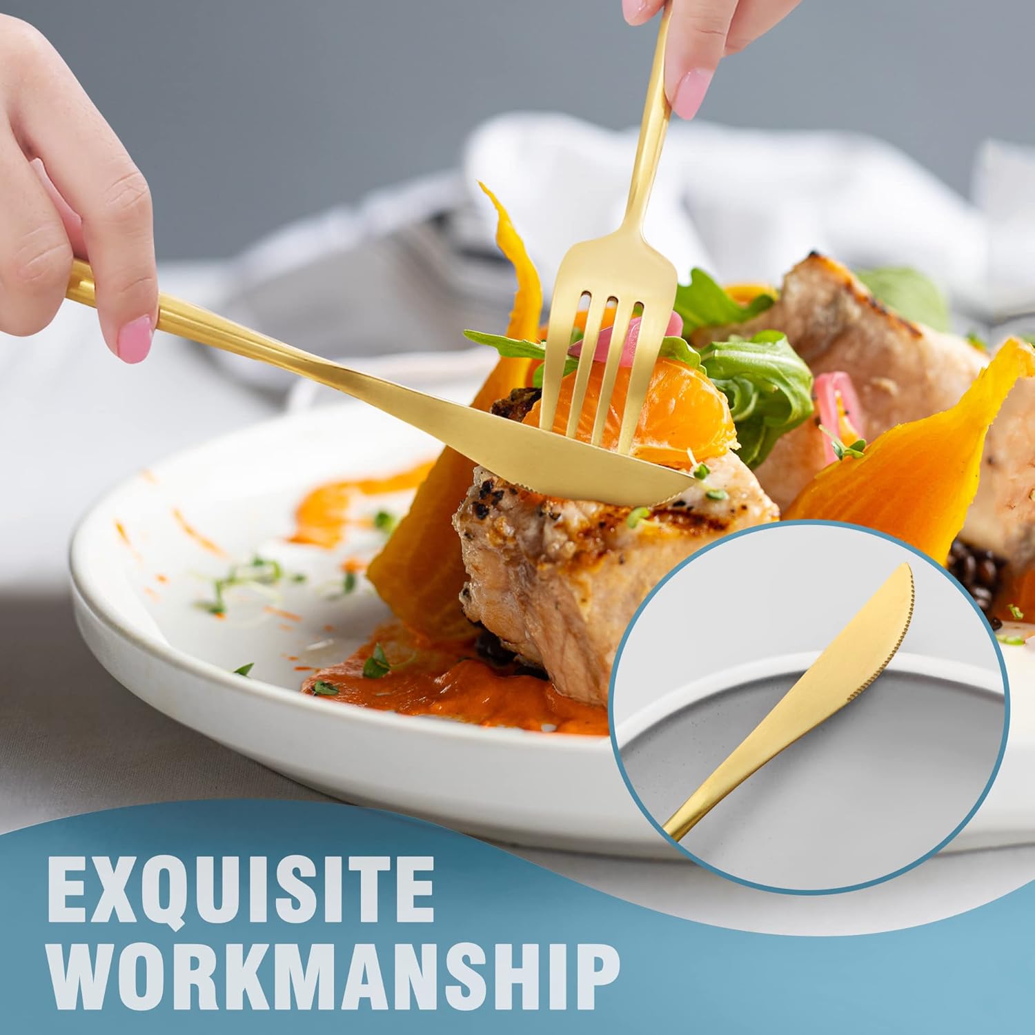 Lemeya Matte Gold Silverware Set for 6,Modern Stainless Steel Brushed Cutlery Set,30-Pieces Heavy Duty Flatware Set,Knives Spoons and Forks Set Utensils Set,Satin Finish,Dishwasher Safe - Image 6