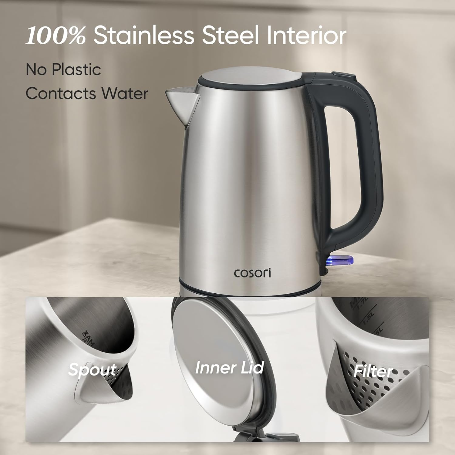 COSORI Electric Kettle, Plastic-Free Interior, 2 Lid Opening Angles, Easy to Clean, Automatic Shut Off & Boil-Dry Protection, Stainless Steel Tea Kettle, Hot Water Boiler & Heater, 1.7L, 1500W - Image 4