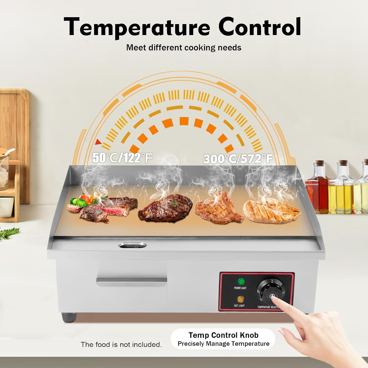 22" Commercial Electric Griddle, 110V 1600W Electric Stove Countertop Flat Top Grill Non-Stick Stainless Steel Teppanyaki Grill with Plug, Adjustable Temperature Control 122°F-572°F - Image 4