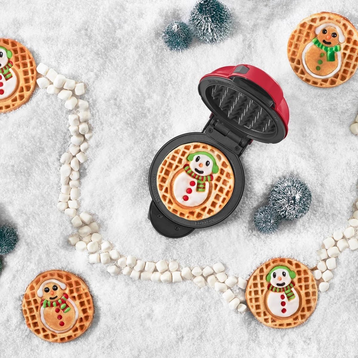 DASH Multimaker with 7 Removable Plates: Waffle Iron & Griddle + 3 Themed Plates - Santa Pumpkin Snowman - Mini Waffle for Halloween and Christmas Holidays - for Kids and Families (Red) - Image 3