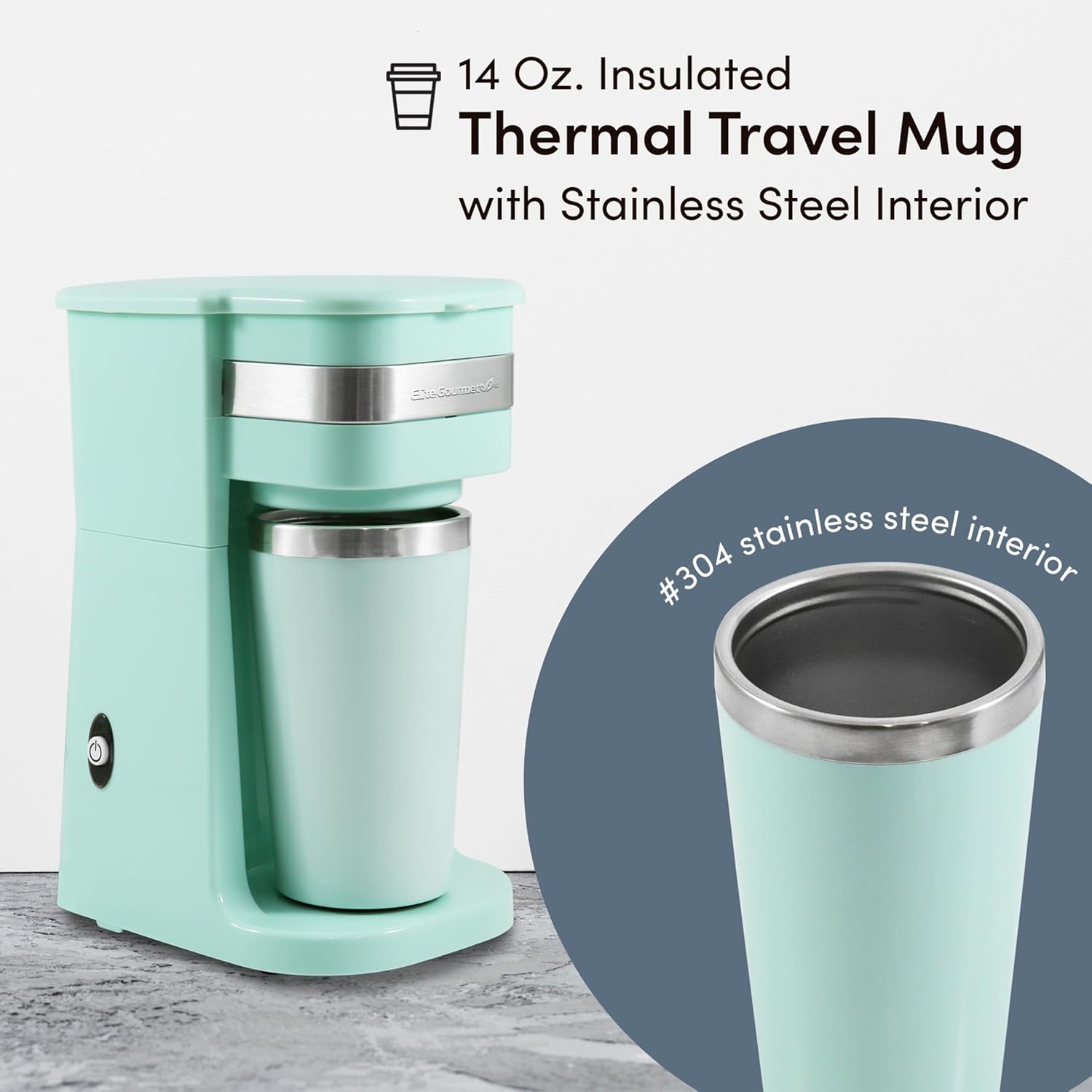 Elite Gourmet EHC113M Personal Single-Serve Compact Coffee Maker Brewer Includes 14Oz. Stainless Steel Interior Thermal Travel Mug, Compatible with Coffee Grounds, Reusable Filter, Mint - Image 5
