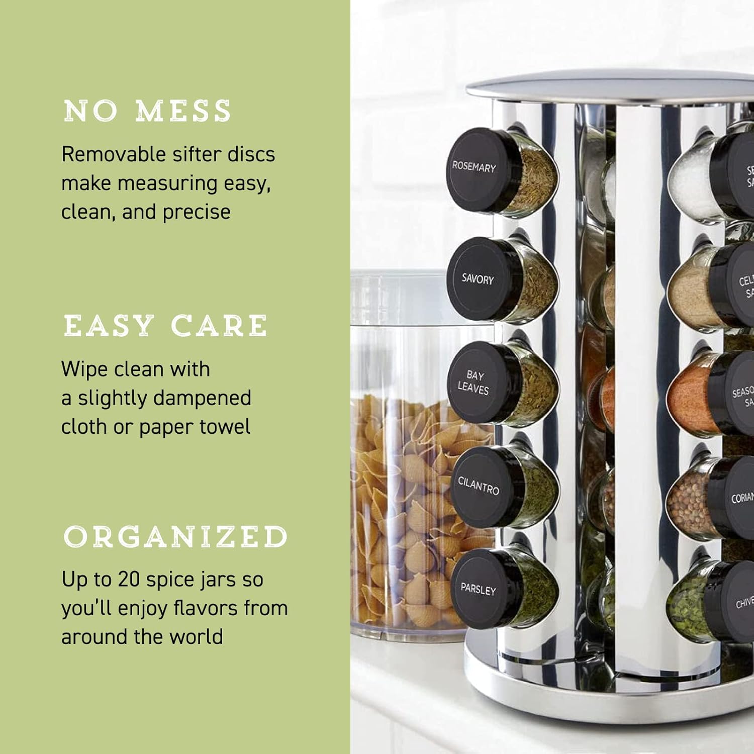 Kamenstein 20 Jar Revolving Countertop Spice Rack with Spices Included, FREE Spice Refills for 5 Years, Polished Stainless Steel with Black Caps, 30020 - Image 7