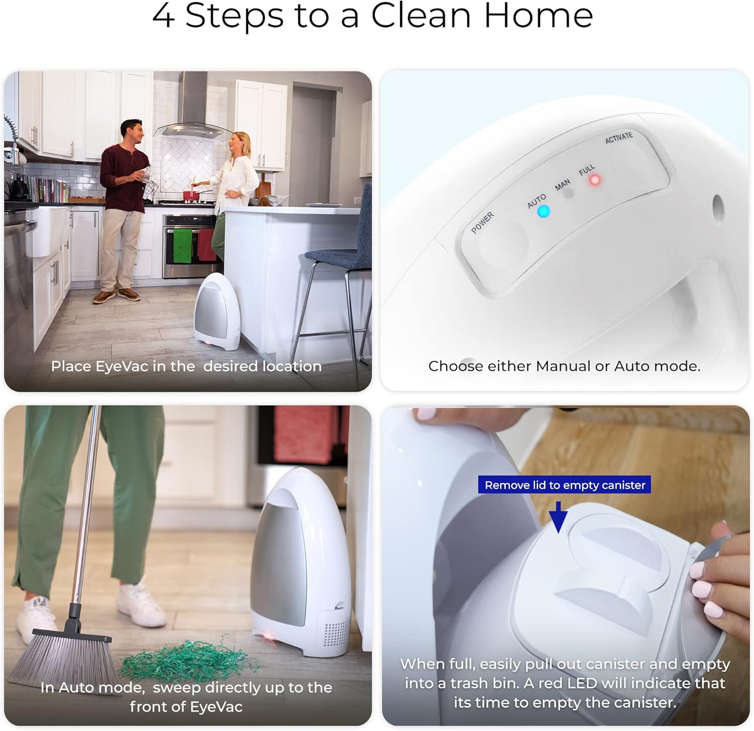 EyeVac Home Touchless Vacuum Automatic Dustpan - Great for Sweeping Pet Hair Food Dirt Kitchen - Ultra Fast & Powerful, No More Bending Down, Bagless, Corded, Automatic Sensors, 1000 Watt (White) - Image 4