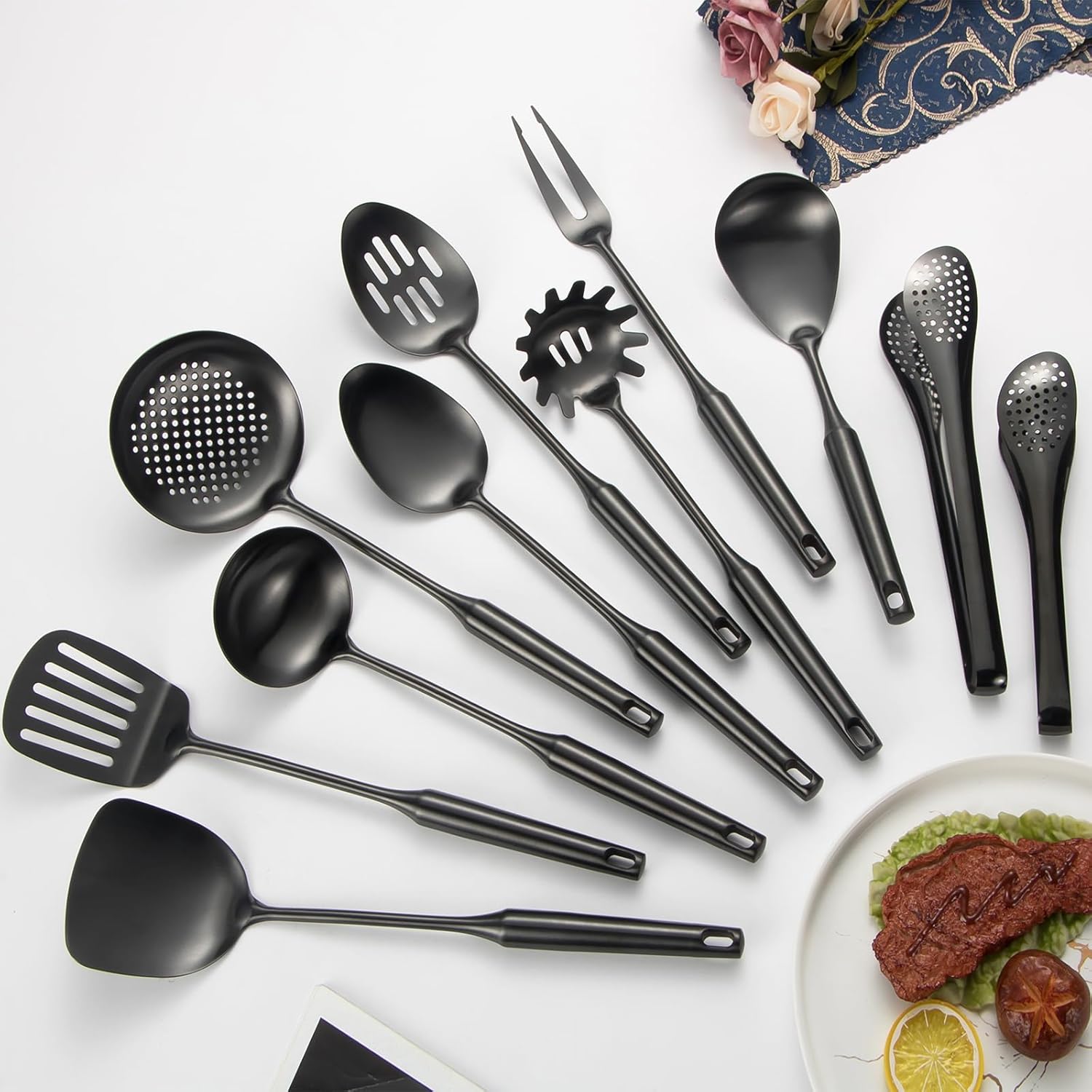 304 Stainlss Steel Matte Kitchen Utensils Set, 11 Pcs Long Metal Cooking Utensil Gadgets Tools Set with Spatula, Ladle, Spoon, Ladle, Skimmer, Tunner, Pasta Server, Tongs(Black, Dishwasher Safe) - Image 7