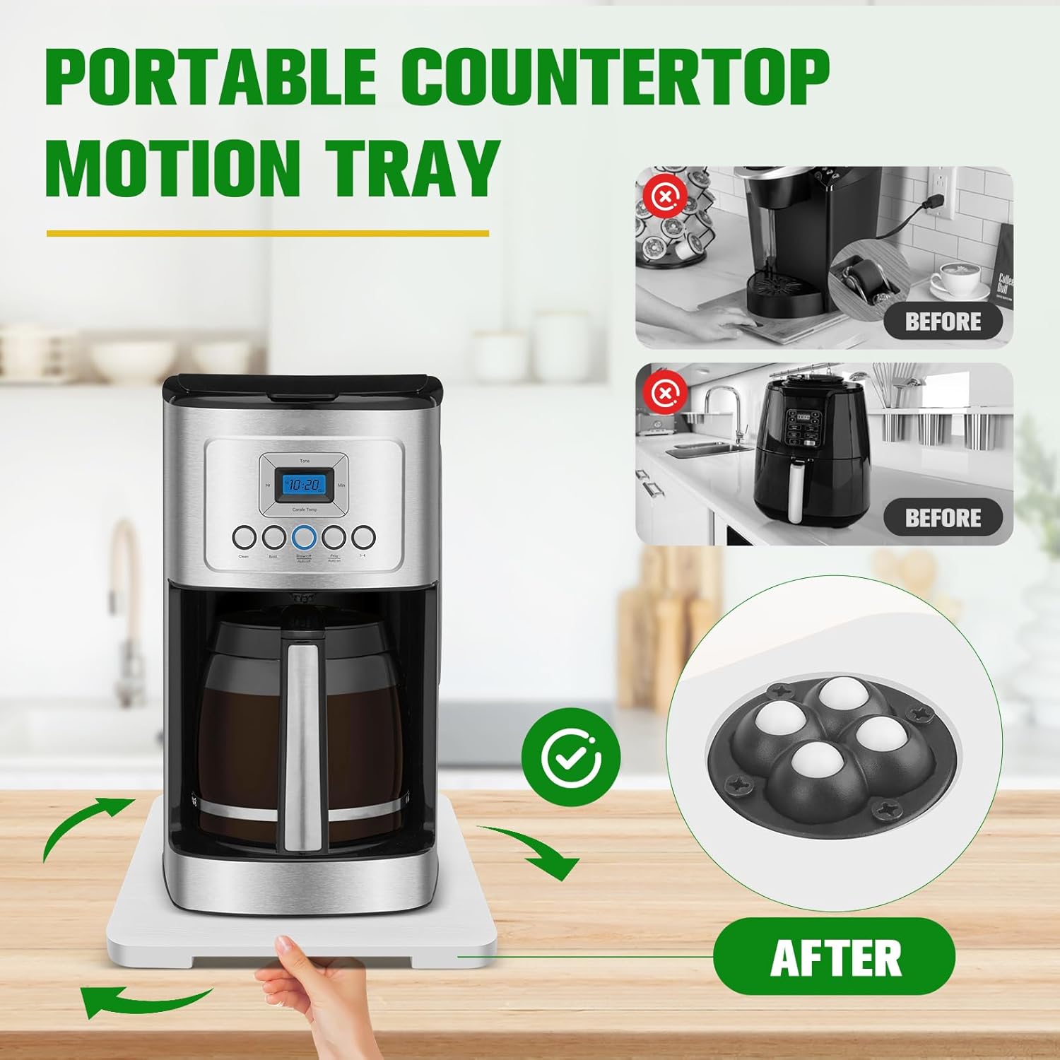 Appliance Slider 360° Rolling Tray for Coffee Maker- Bamboo Coffee Pot Slider Tray Countertop Rotation Sliding Tray with Wheels, Small Appliances Mat White (small 11.8" × 9.8" × 0.6") - Image 3