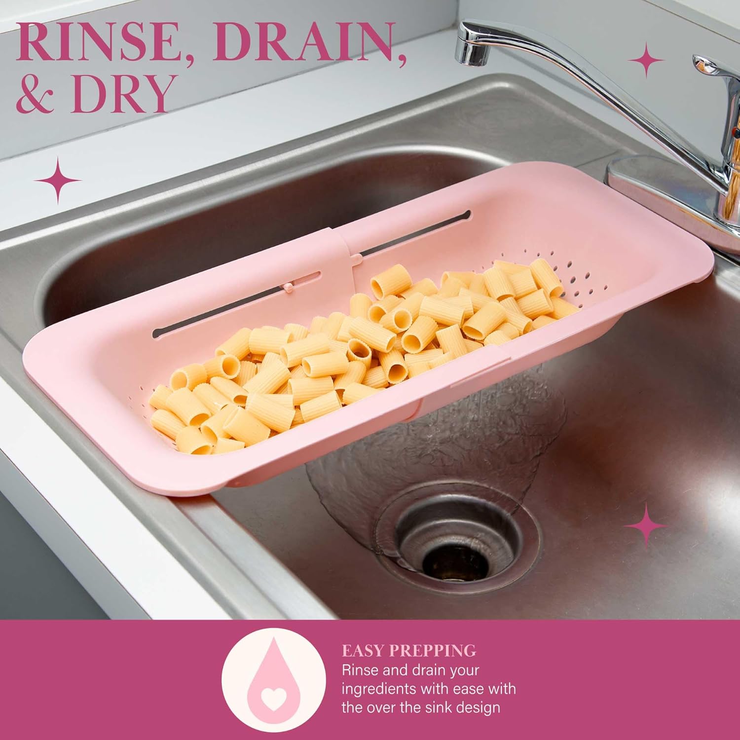 Paris Hilton Over the Sink Expandable Colander, Extendable Strainer, Adjustable from 14.5 inches to 19.5 inches, Fits most kitchen sinks, Made without BPA, Pink - Image 4