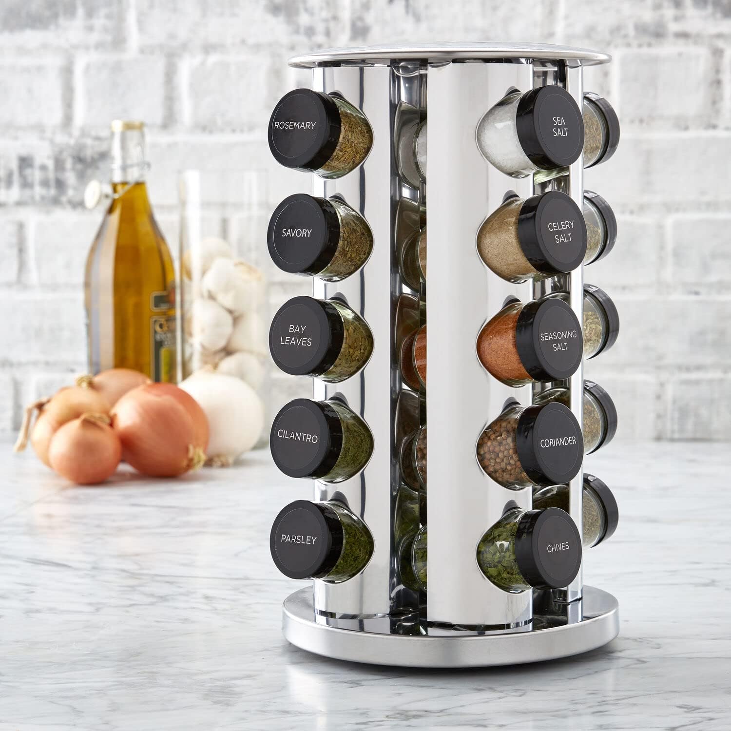 Kamenstein 20 Jar Revolving Countertop Spice Rack with Spices Included, FREE Spice Refills for 5 Years, Polished Stainless Steel with Black Caps, 30020 - Image 4