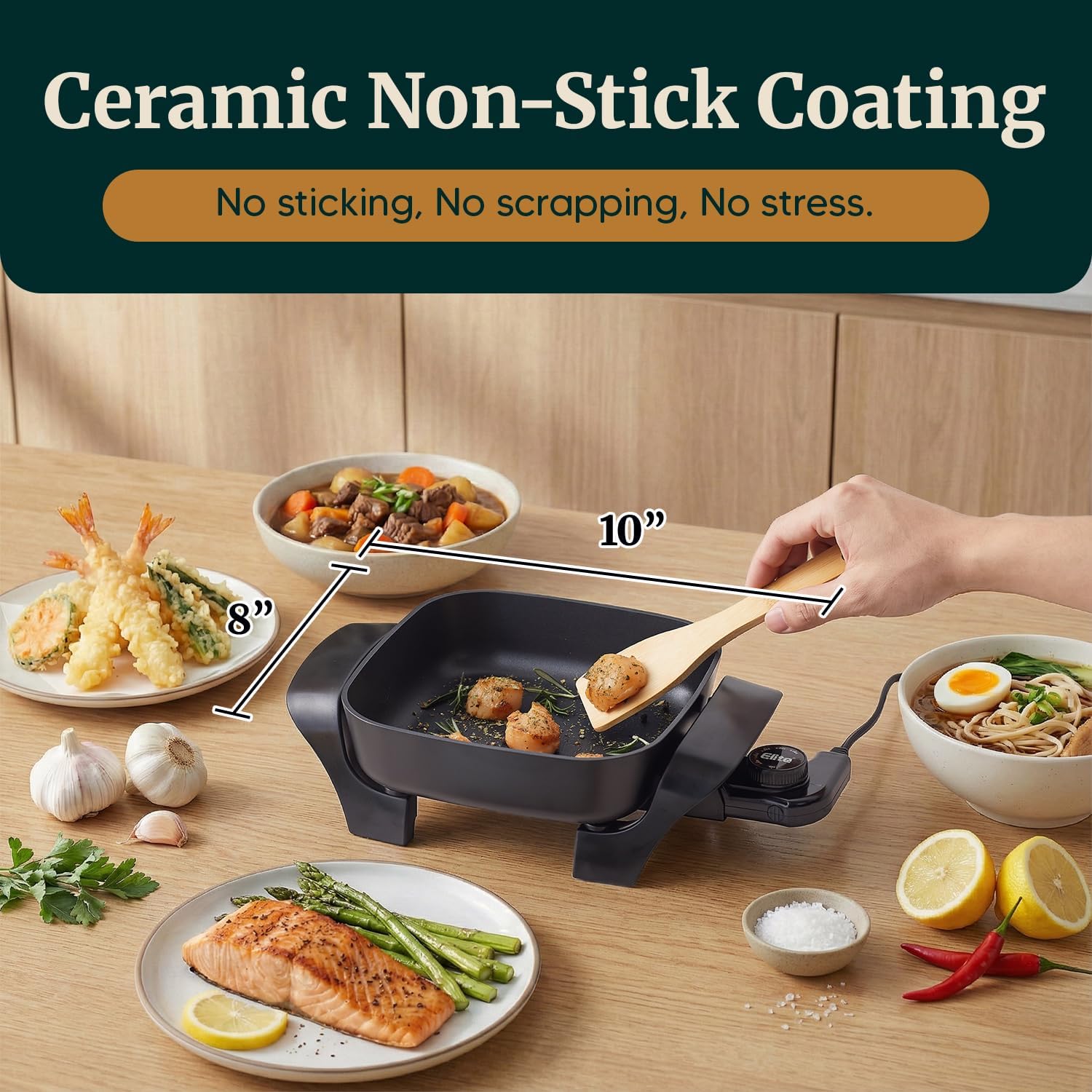 Elite Gourmet EG808 8” x 8" Non-stick Electric Skillet, Dishwasher Safe with Tempered Glass Vented Lid, Rapid Heat Up, 600W, Black - Image 7