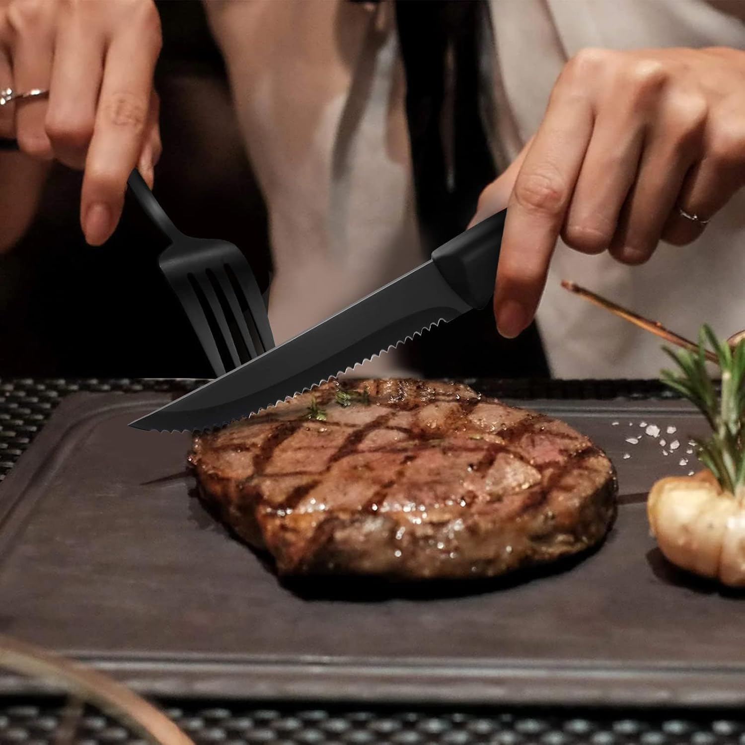 24 Pieces Matte Black Silverware Set with Steak Knives,Satin Finish tableware Cutlery Set for Home and Restaurant,Matte Knife Spoon and Fork Sets Service for 4,Dishwasher Safe - Image 5