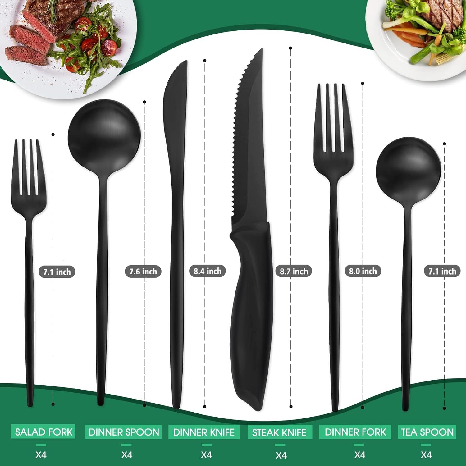 24 Pieces Matte Black Silverware Set with Steak Knives,Satin Finish tableware Cutlery Set for Home and Restaurant,Matte Knife Spoon and Fork Sets Service for 4,Dishwasher Safe - Image 2