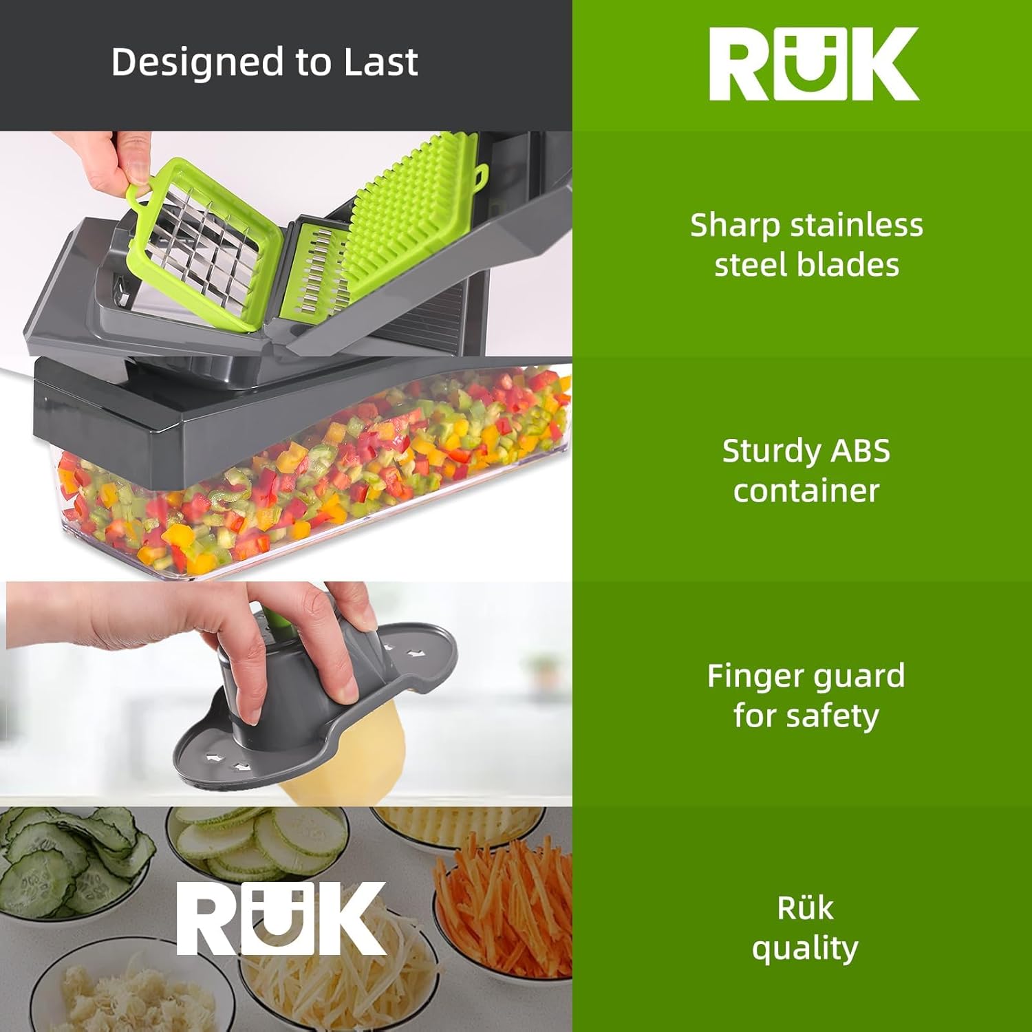 RüK 10-in-1 Vegetable Chopper – 6 Blade Veggie Chopper with Container, Food Dicer, Onion Cutter, Cheese Grater, Mandoline Slicer, Kitchen Gadgets & Home Essentials (Gray) - Image 7
