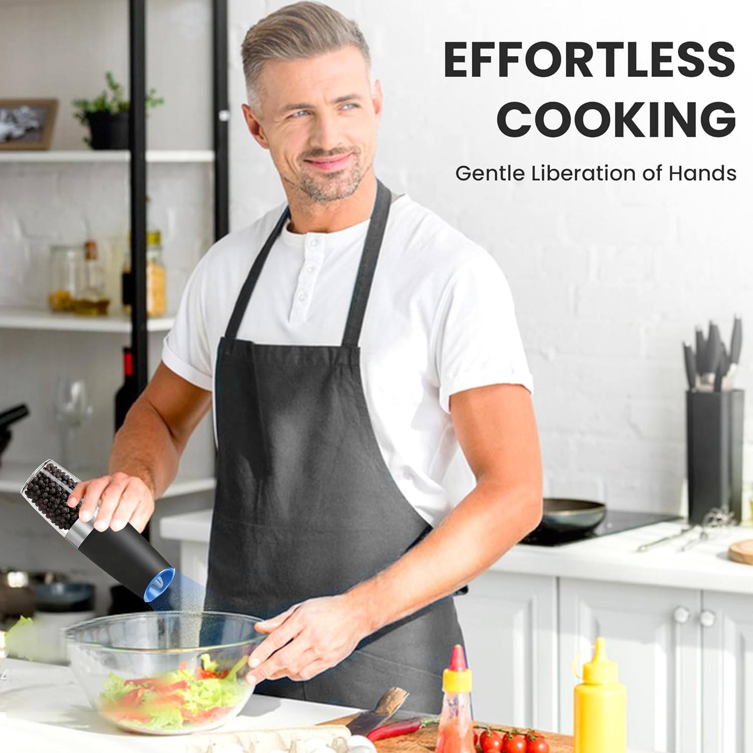 Gravity Electric Salt and Pepper Grinder set of 2, Automatic Salt And Pepper Grinder Set, Adjustable Roughness, Battery Powered, LED Light, 2 Pack, (Black) - Image 6