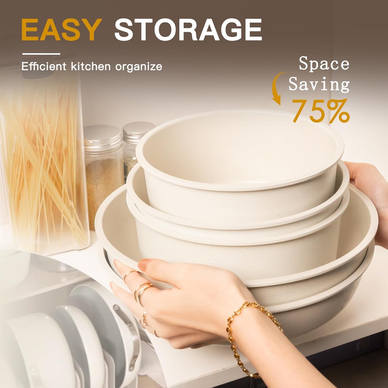 Astercook Ceramic Non-stick Cookware 21 Pcs Pots and Pans Set, Detachable Handle, RV Kitchen Non Stick Cooking Set Removable Handles, Oven Safe, Induction Ready, Stackable, Cream White - Image 6