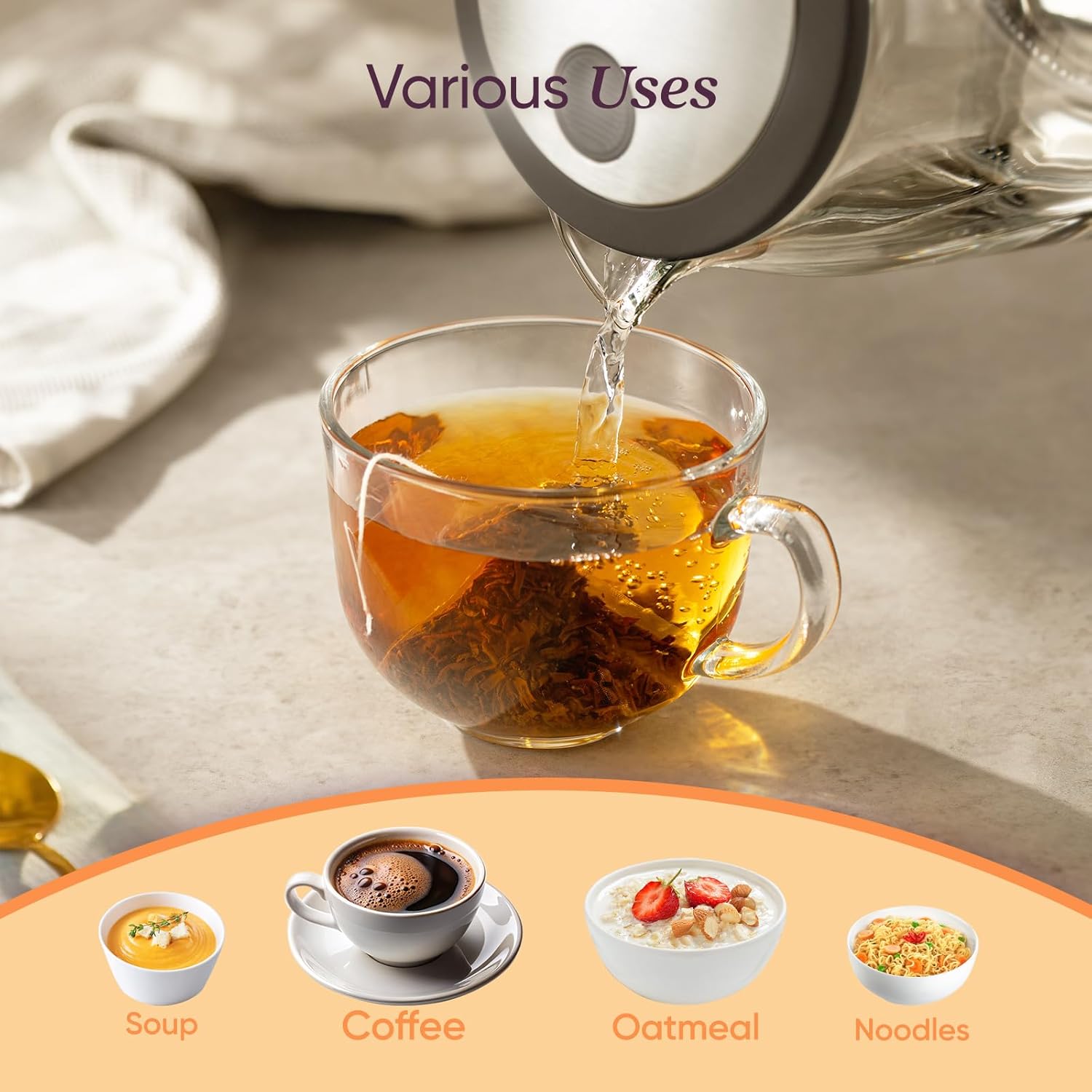 Cosori Electric Kettle, No Plastic Contact With Water, Wide Mouth For Easy Cleaning, Auto Shut Off, 1.7L Tea Kettle & Hot Water Boiler, Water Heater & Teapot, Borosilicate Glass, Black, 1500W - Image 6