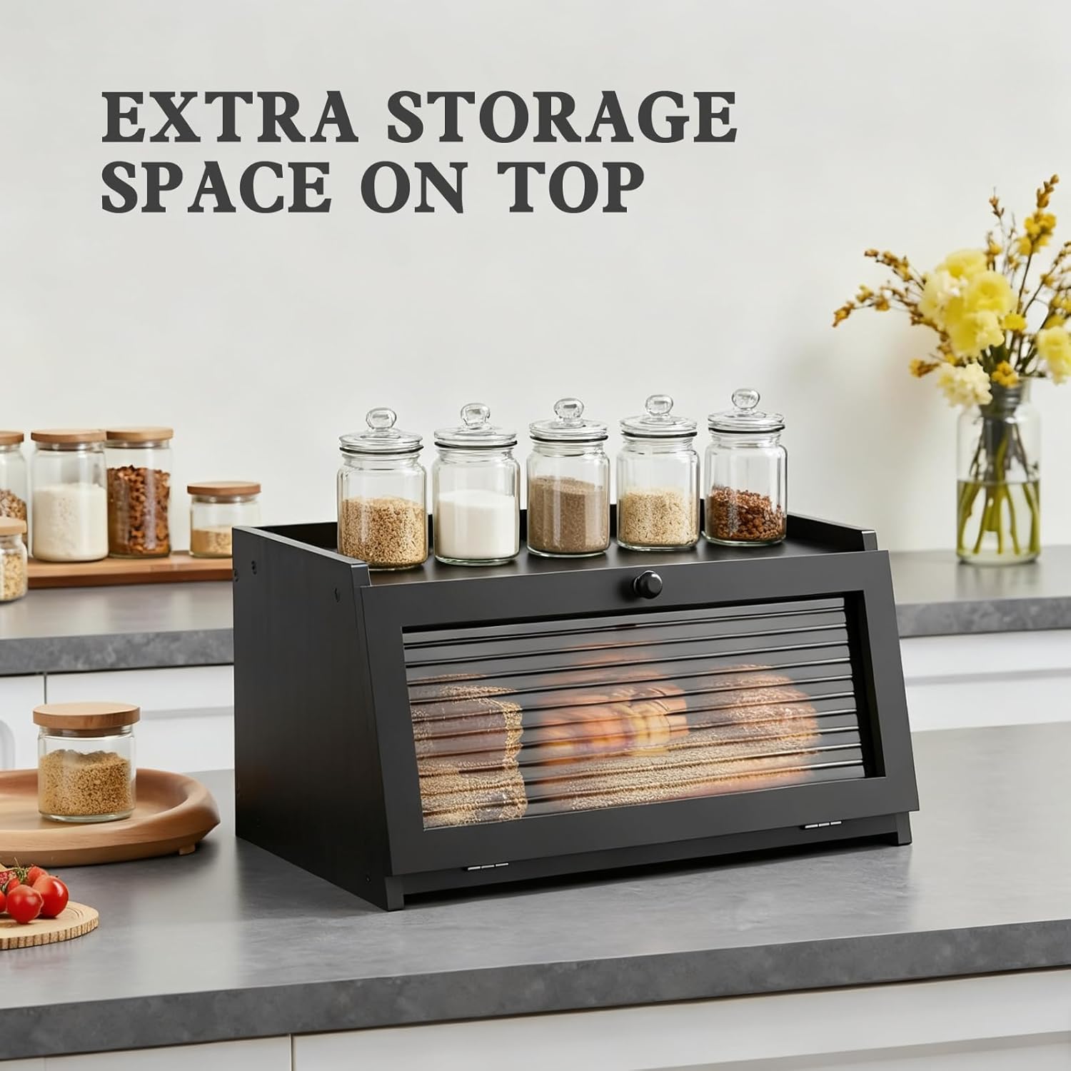 Bread Box for Kitchen Countertop Large Bread Box Farmhouse Bread Container Bread Storage with Window Bread Holder Black - Image 3