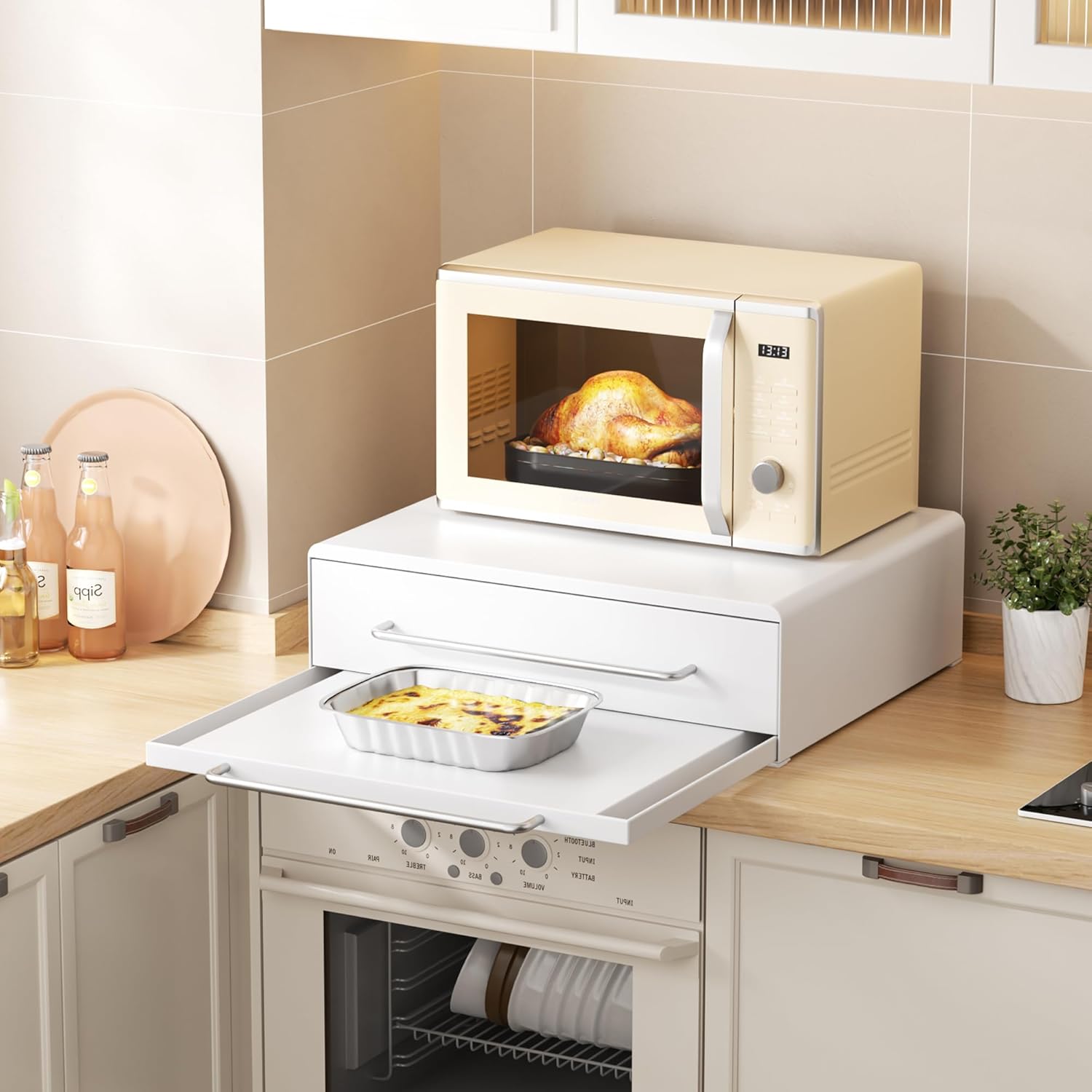 DTK Microwave Stand with Pull-Out Drawer & Tray, Kitchen Storage Drawers Countertop for Compact Microwave, Coffee Station & Kitchen Appliance, Microwave Riser with Storage, White(Stand+Drawer+Tray) - Image 2
