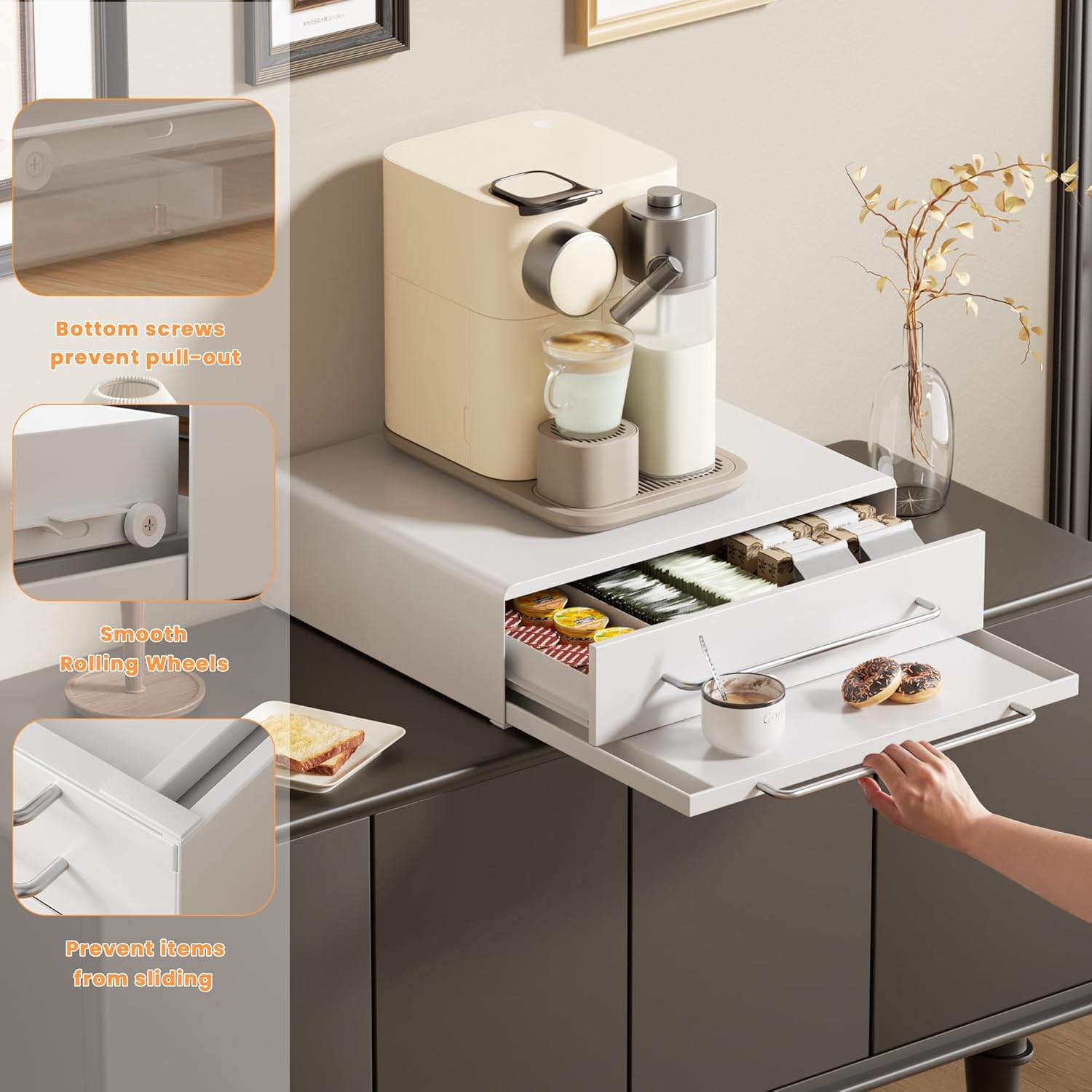 DTK Microwave Stand with Pull-Out Drawer & Tray, Kitchen Storage Drawers Countertop for Compact Microwave, Coffee Station & Kitchen Appliance, Microwave Riser with Storage, White(Stand+Drawer+Tray) - Image 6