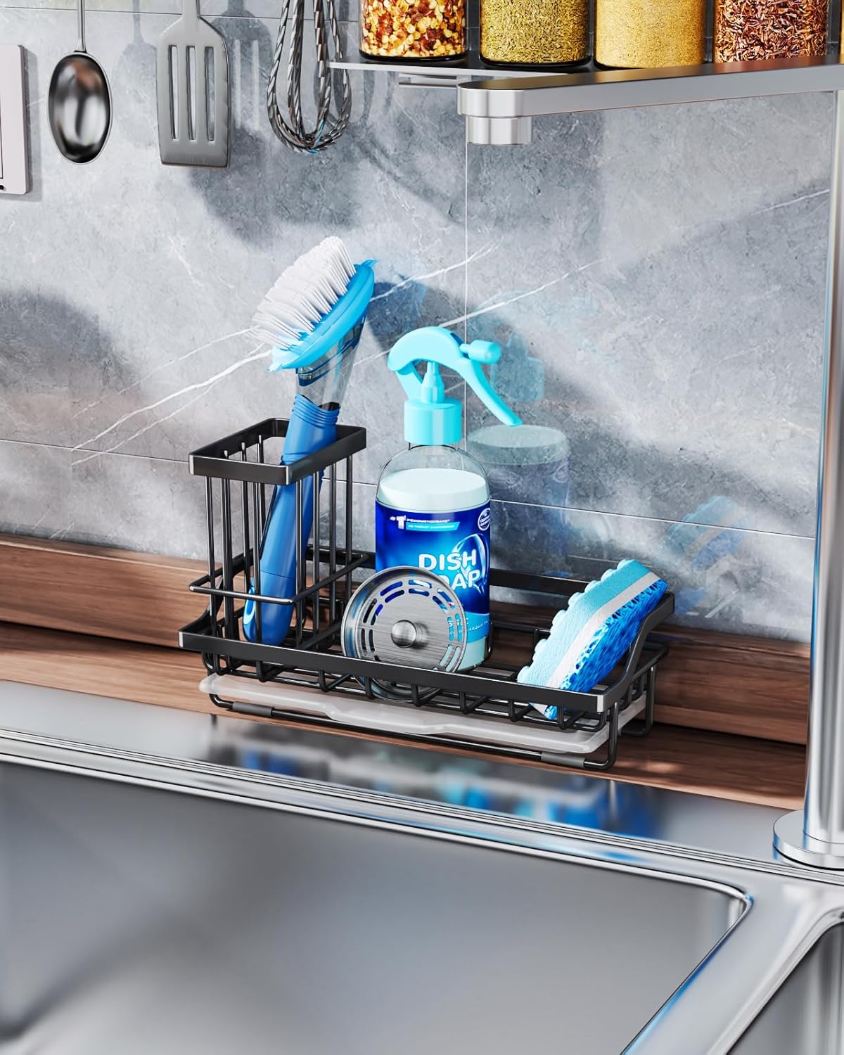 Consumest Sponge Holder for Kitchen Sink - Kitchen Sink Caddy Organizer with Removable Drip Tray for Countertop Dish Soap Dispenser Brush Storage Accessories 304 Stainless Steel - Black - Image 3