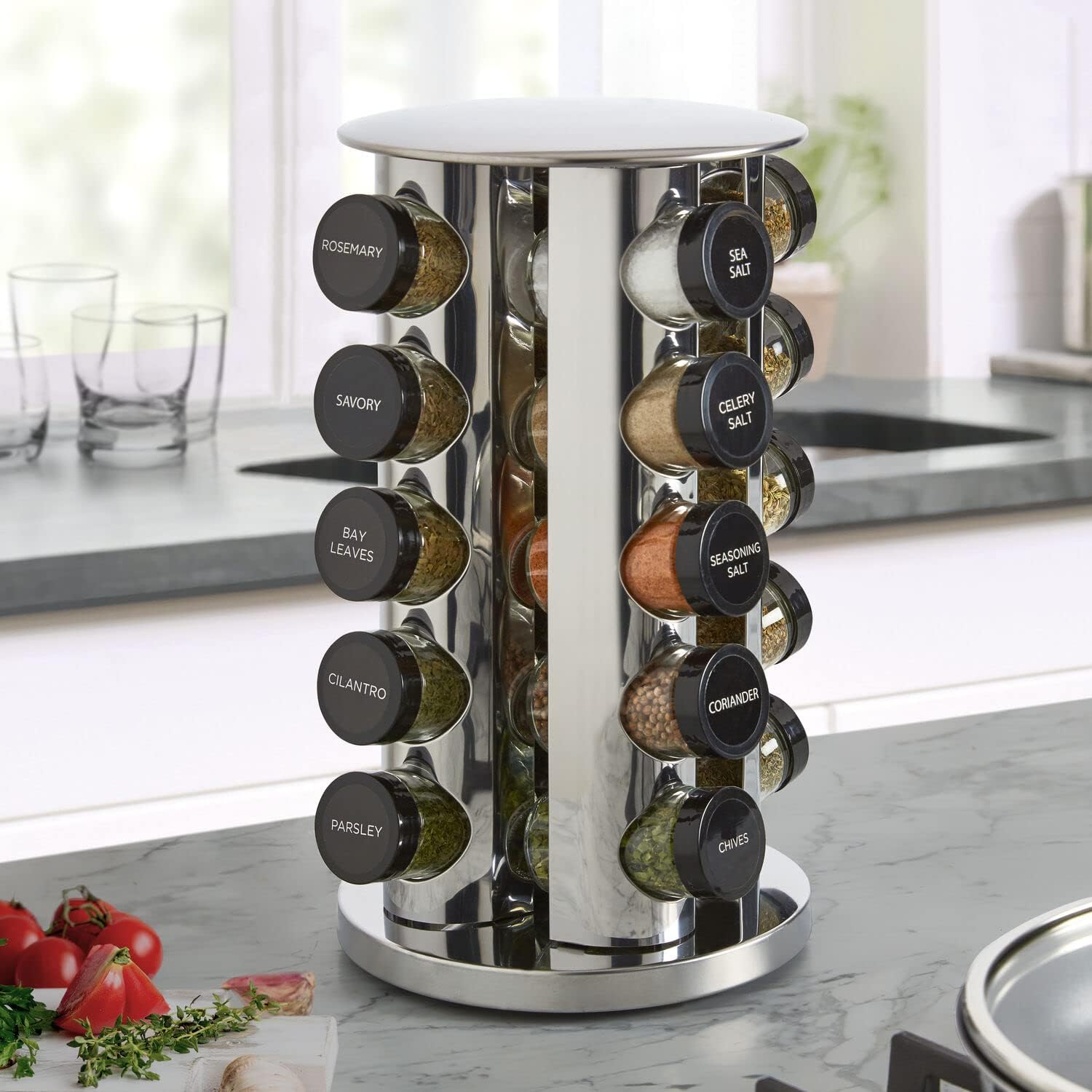Kamenstein 20 Jar Revolving Countertop Spice Rack with Spices Included, FREE Spice Refills for 5 Years, Polished Stainless Steel with Black Caps, 30020 - Image 6
