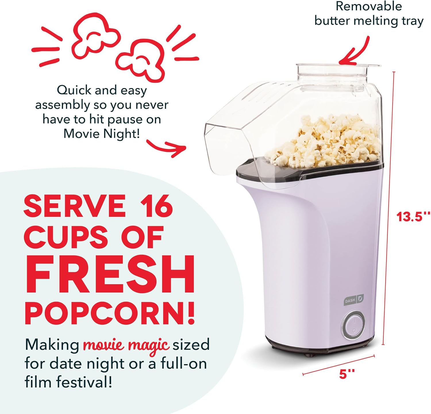 DASH Hot Air Popcorn Popper Maker with Measuring Cup to Portion Popping Corn Kernels + Melt Butter, 16 Cups - Lavender - Image 3