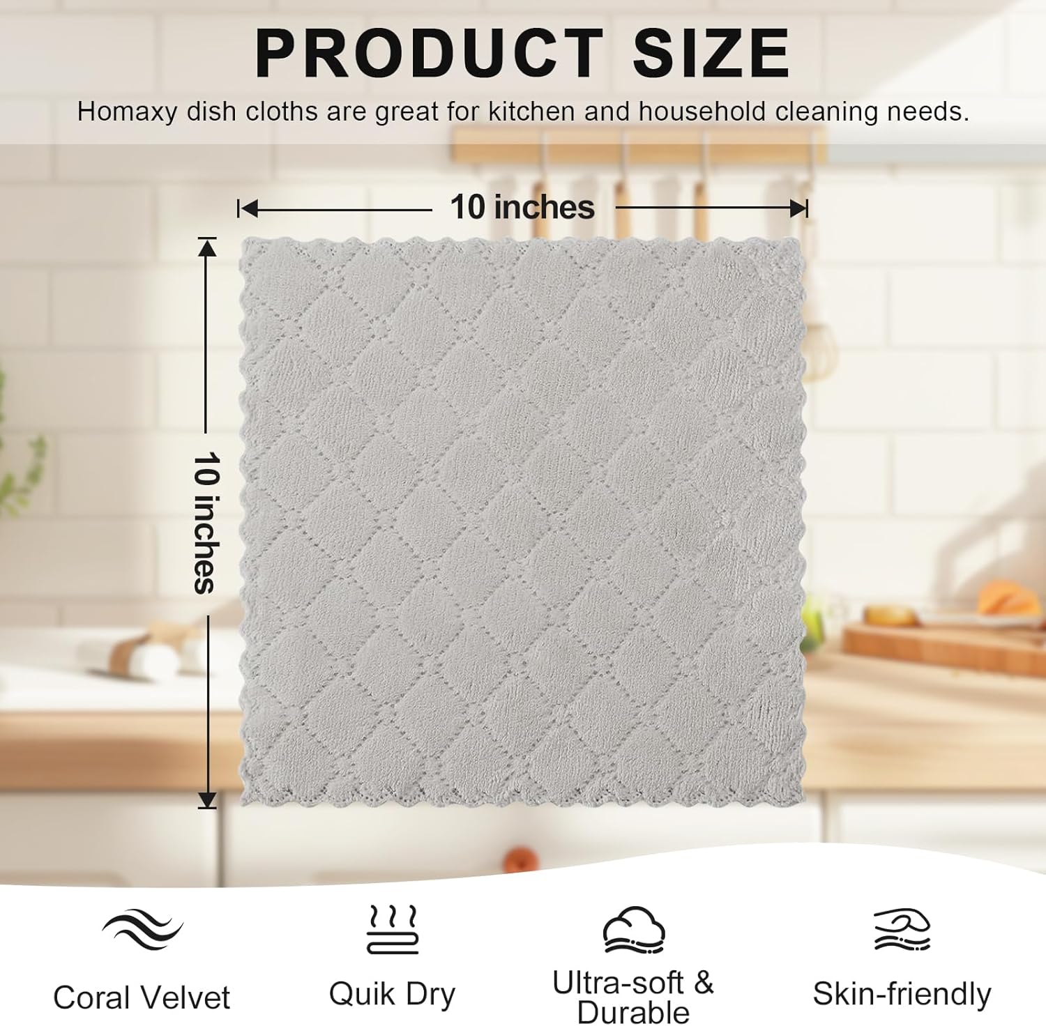 Homaxy 12 Pack Kitchen Dish Cloths (10 x 10 Inches, Grey), Super Soft and Absorbent Coral Velvet Dish Towels, Nonstick Oil Fast Drying Microfiber Cleaning Cloth, No Lint Household Dishcloths - Image 6