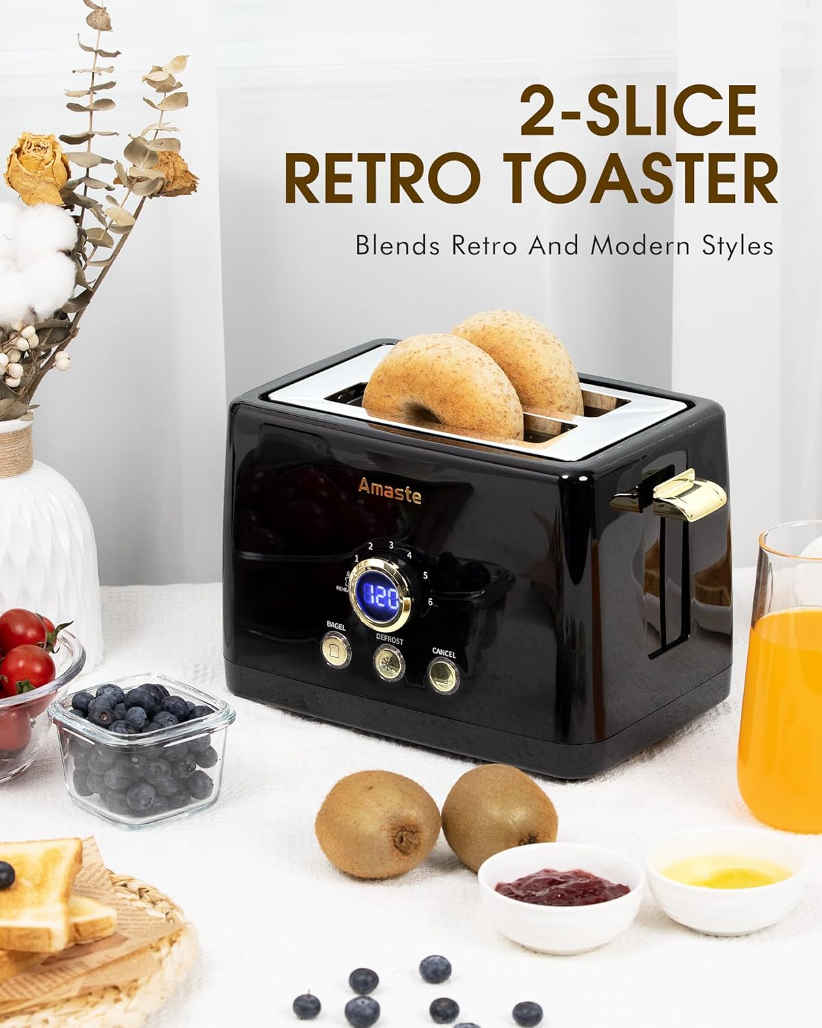 2 Slice Toaster, Retro Bread Toaster with LED Display, Extra Wide Slots Toasters with 6 Bread Shade Settings, Bagel, Cancel, Defrost Function, Stainless Steel with High Lift Lever, Removal Crumb Tray - Image 2