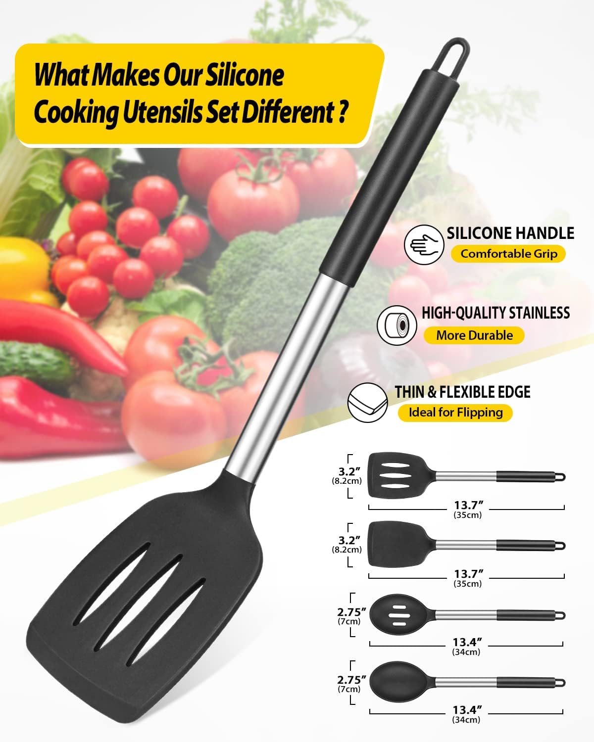 Pack of 4 Silicone Cooking Utensils Set, Non Stick Large Solid Spatulas, Heat Resistant Black Slotted Spoons, Ideal BPA Free Kitchen Turners for Frying, Mixing,Serving,Draining,Turning,Stirring - Image 2