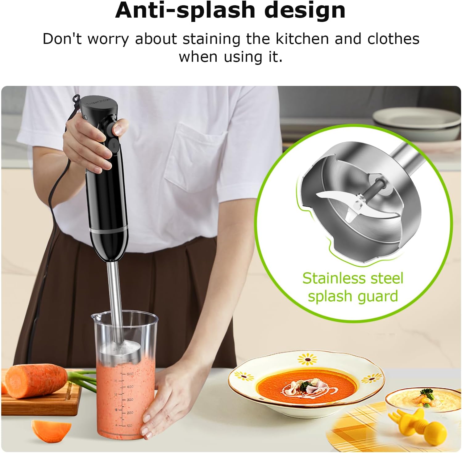 Bonsenkitchen Hand Blender, Immersion Blender with 2 Mixing Speed, Electric Handheld Mixer Portable Stick Mixer with Stainless Steel Blades for Soup, Smoothie, Puree, Baby Food - Image 5