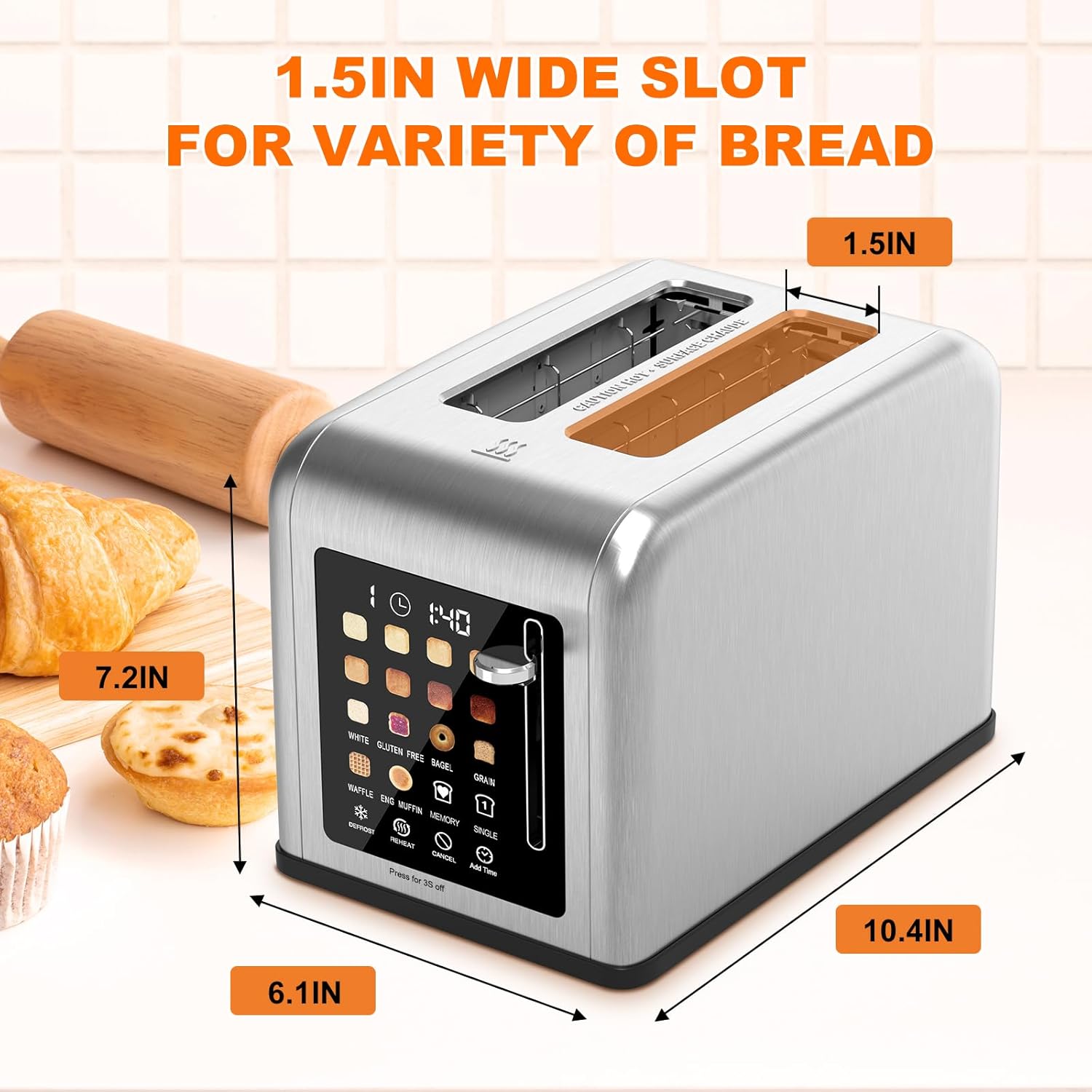 2 Slice Toaster Touch Screen, Stainless Steel Toasters Digital Timer 2 Slot Toasters, 8 Shade Settings 6 Bread Types for Bagel, Cancel, Defrost(Stainless Steel) - Image 6